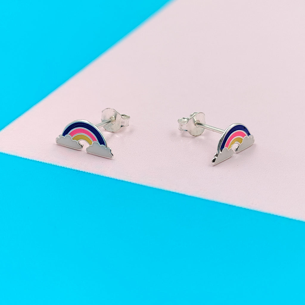 925 Sterling Silver Cute Rainbow Ear Studs Tiny Earrings Enamel Cartilage Ear Studs Girls Earrings Minimalist Handmade Gift - 5x11 mm