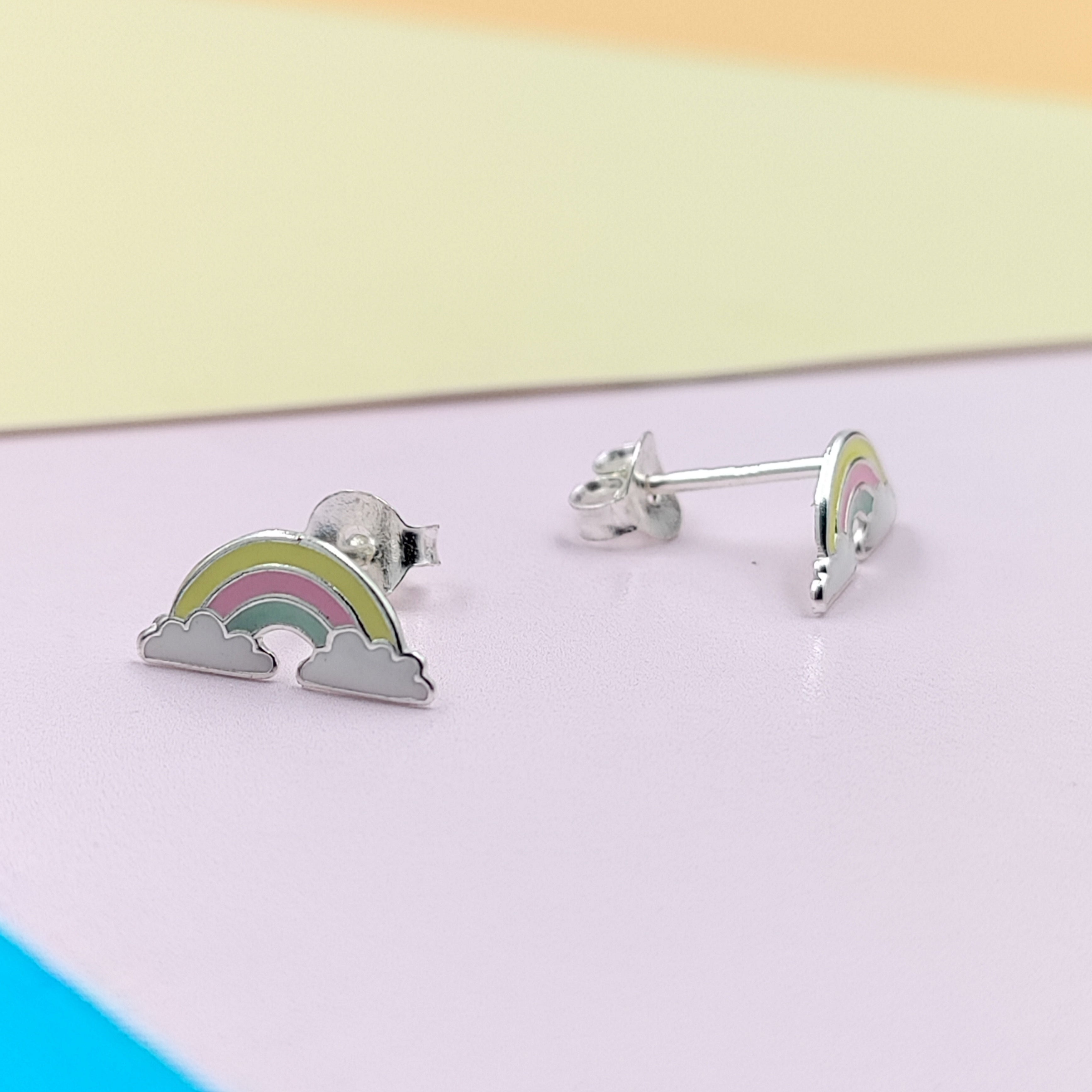 925 Sterling Silver Cute Rainbow Ear Studs Tiny Earrings Enamel Cartilage Ear Studs Gift - 5x11 mm