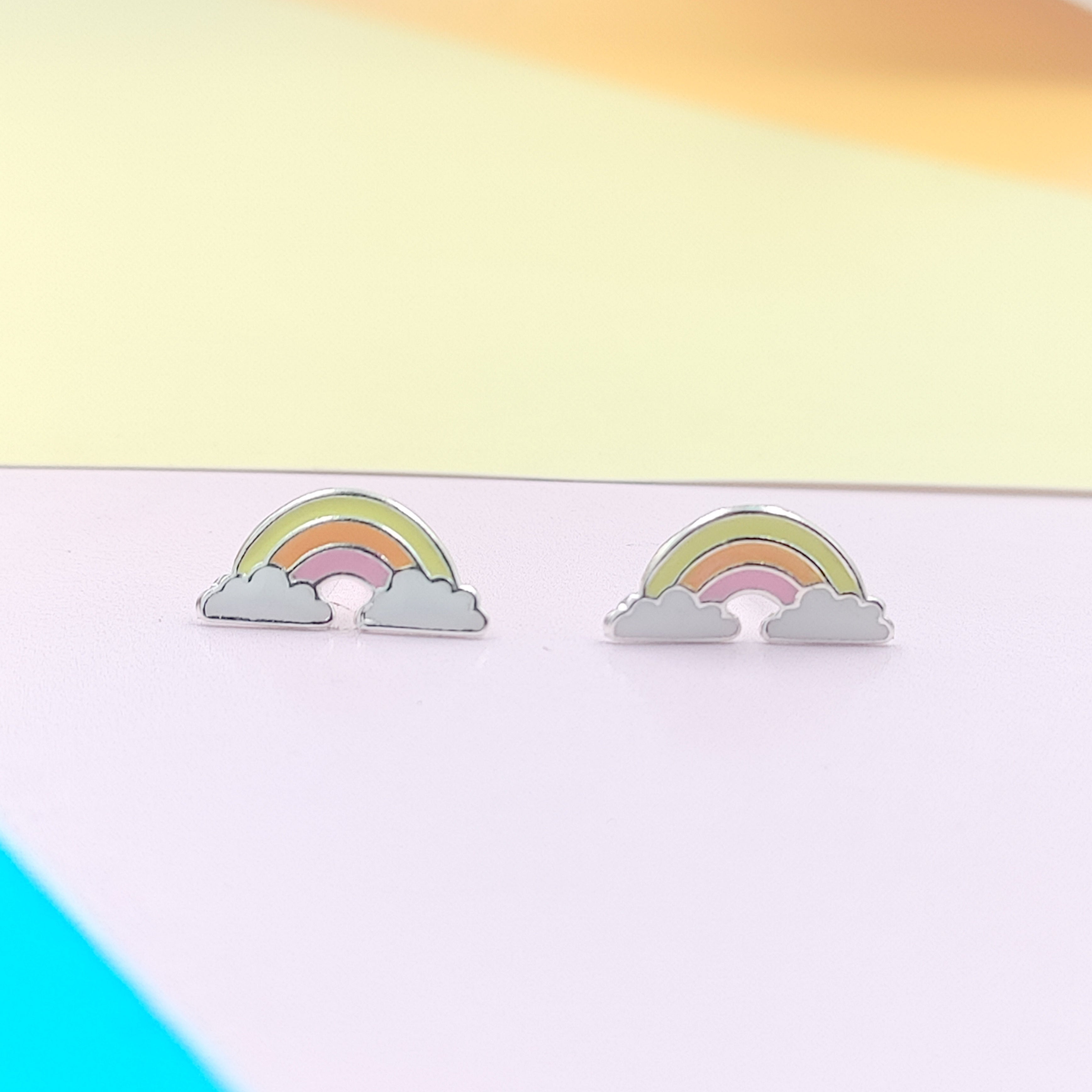 925 Sterling Silver Cute Rainbow Ear Studs Tiny Earrings Enamel Cartilage Ear Studs Girls Earrings Minimalist Handmade Gift - 5x11 mm