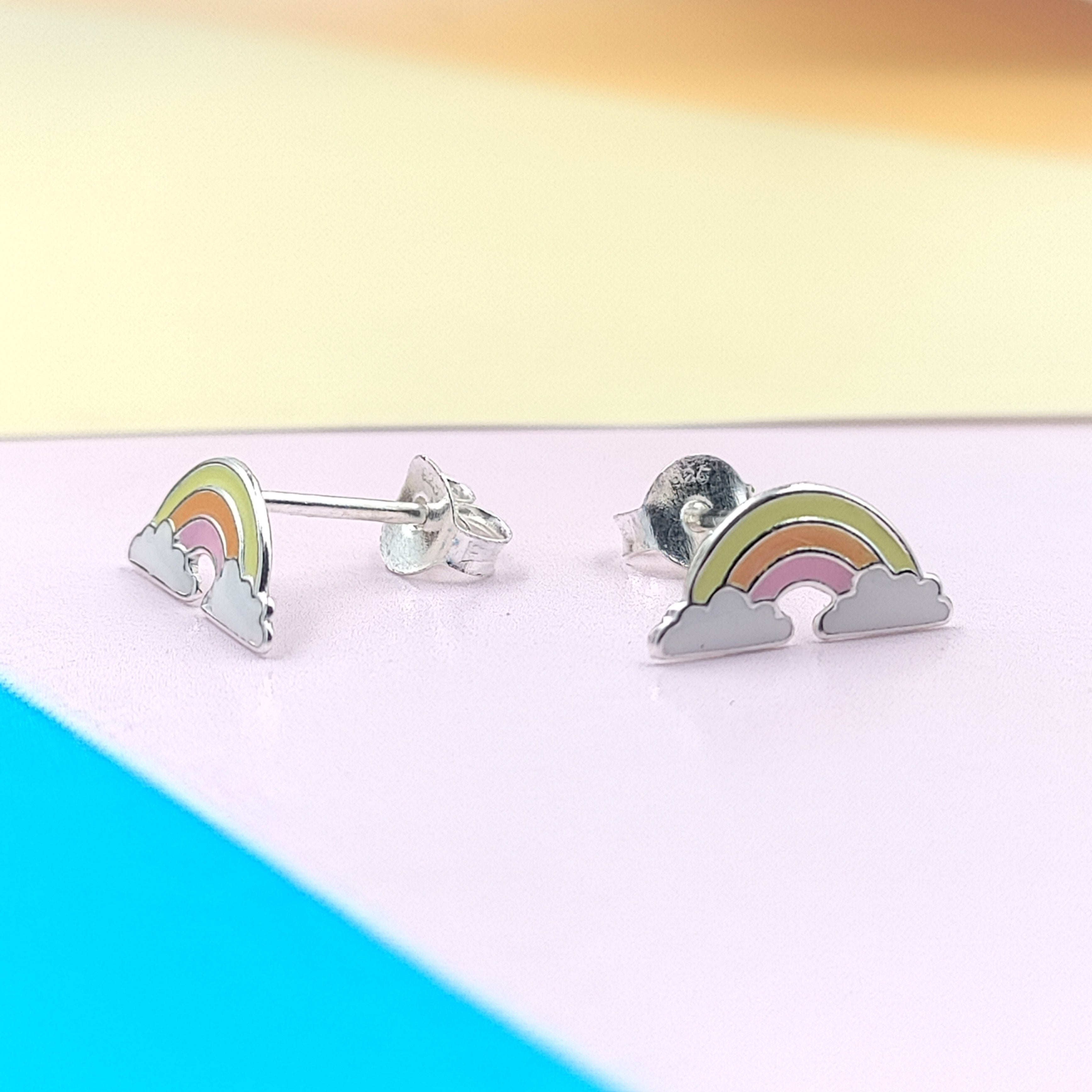 925 Sterling Silver Cute Rainbow Ear Studs Tiny Earrings Enamel Cartilage Ear Studs Gift - 5x11 mm