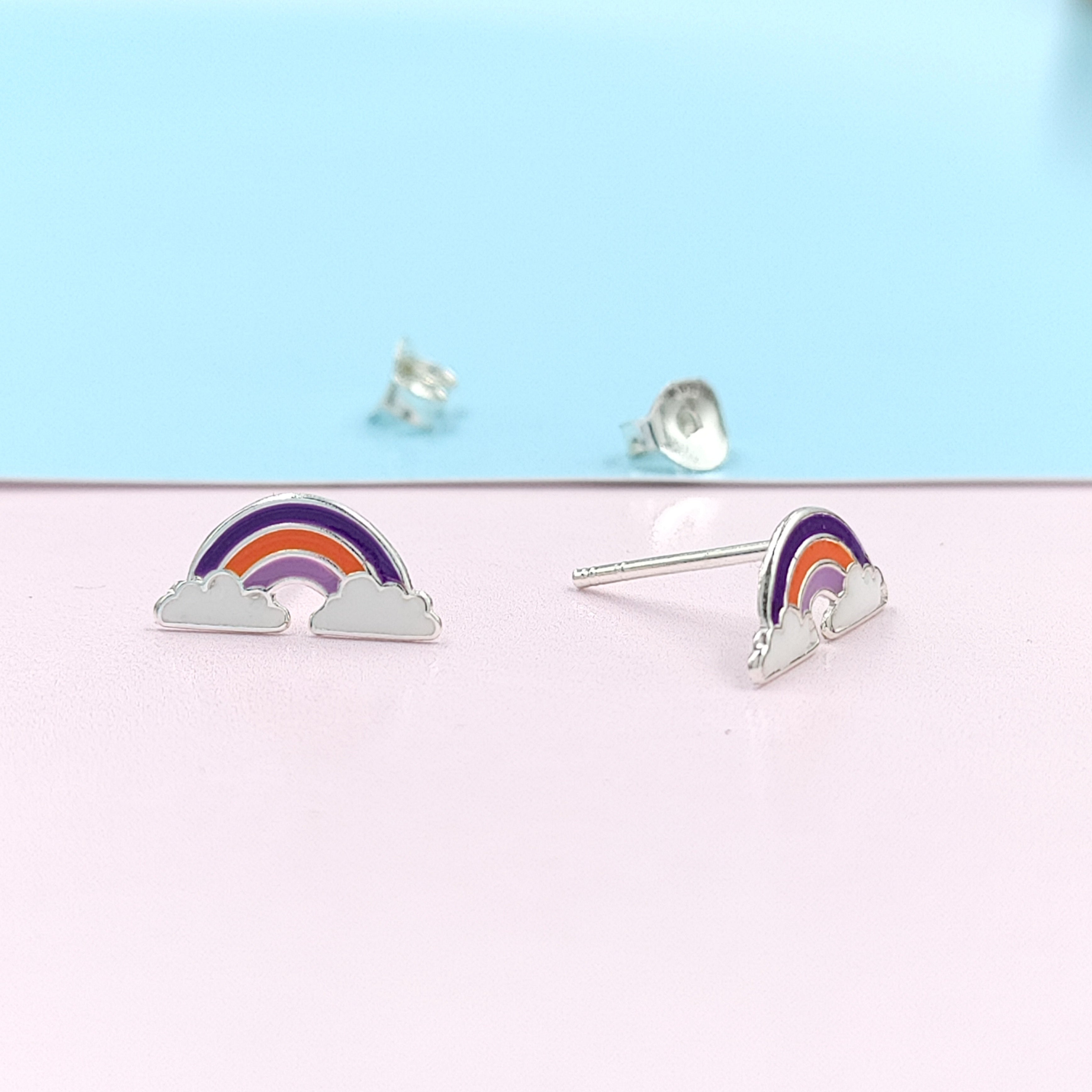 925 Sterling Silver Cute Rainbow Ear Studs Tiny Earrings Enamel Cartilage Ear Studs Gift - 5x11 mm