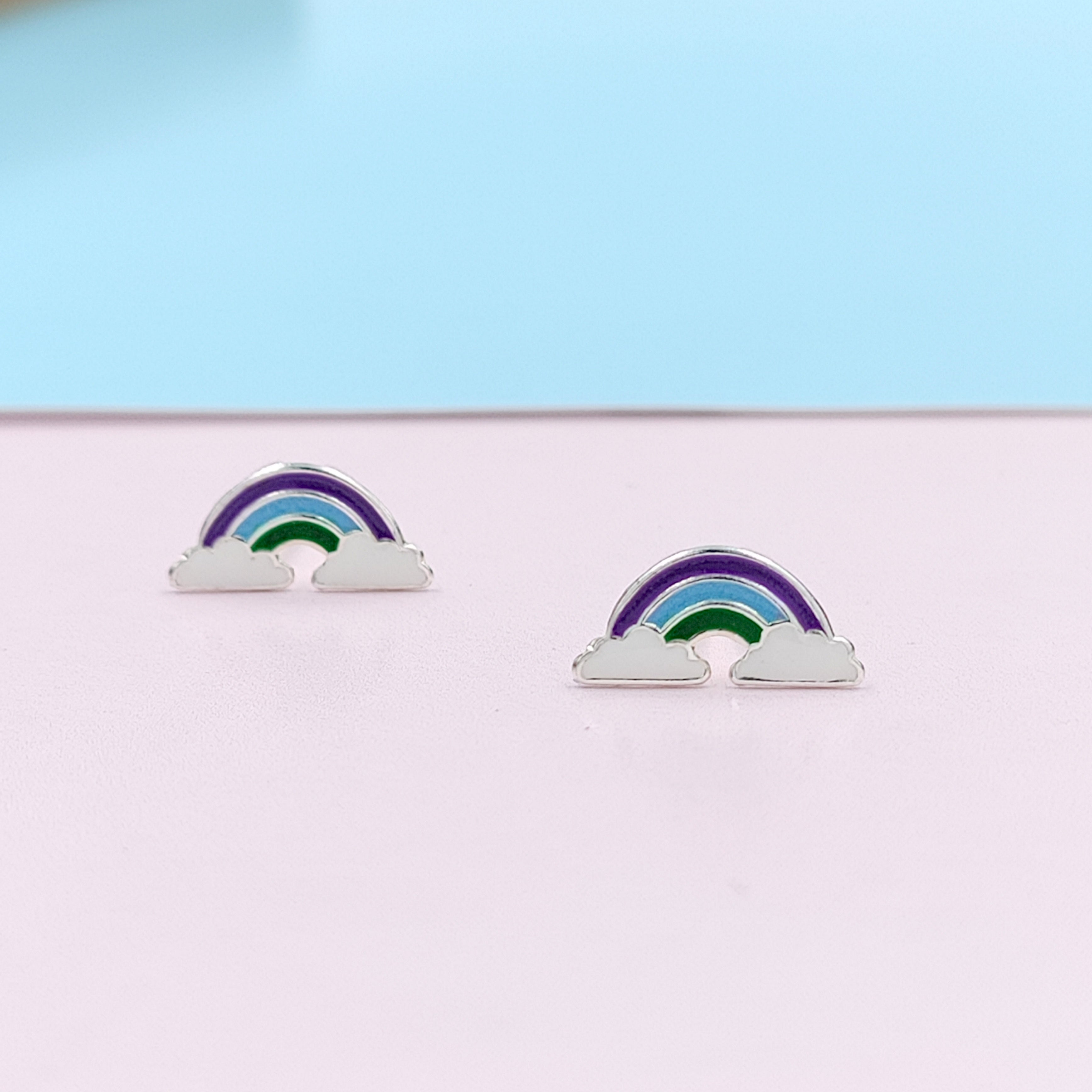 925 Sterling Silver Cute Rainbow Ear Studs Tiny Earrings Enamel Cartilage Ear Studs Girls Earrings Minimalist Handmade Gift - 5x11 mm