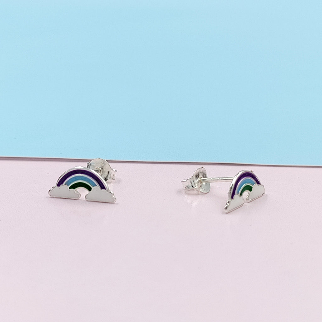 925 Sterling Silver Cute Rainbow Ear Studs Tiny Earrings Enamel Cartilage Ear Studs Girls Earrings Minimalist Handmade Gift - 5x11 mm