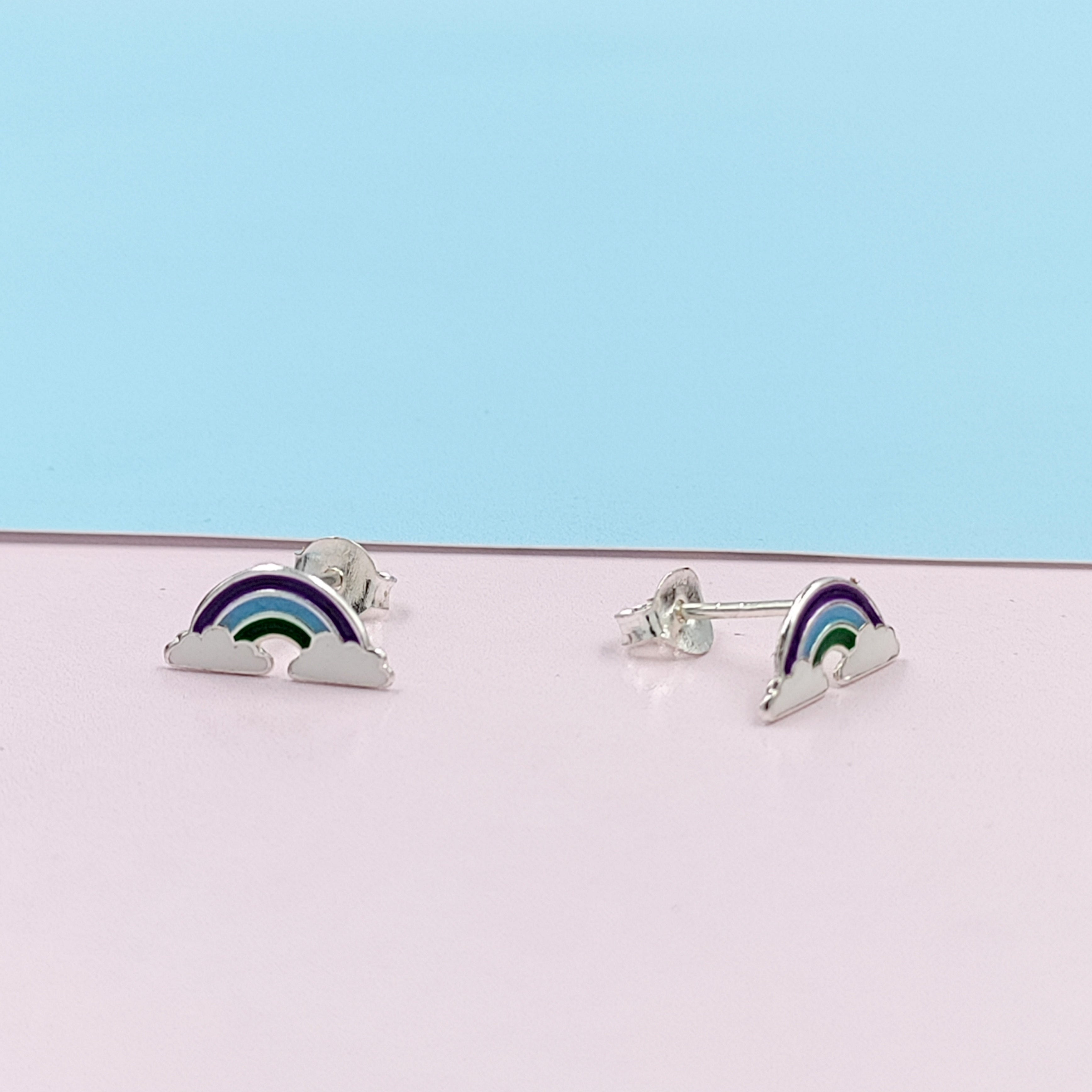 925 Sterling Silver Cute Rainbow Ear Studs Tiny Earrings Enamel Cartilage Ear Studs Gift - 5x11 mm