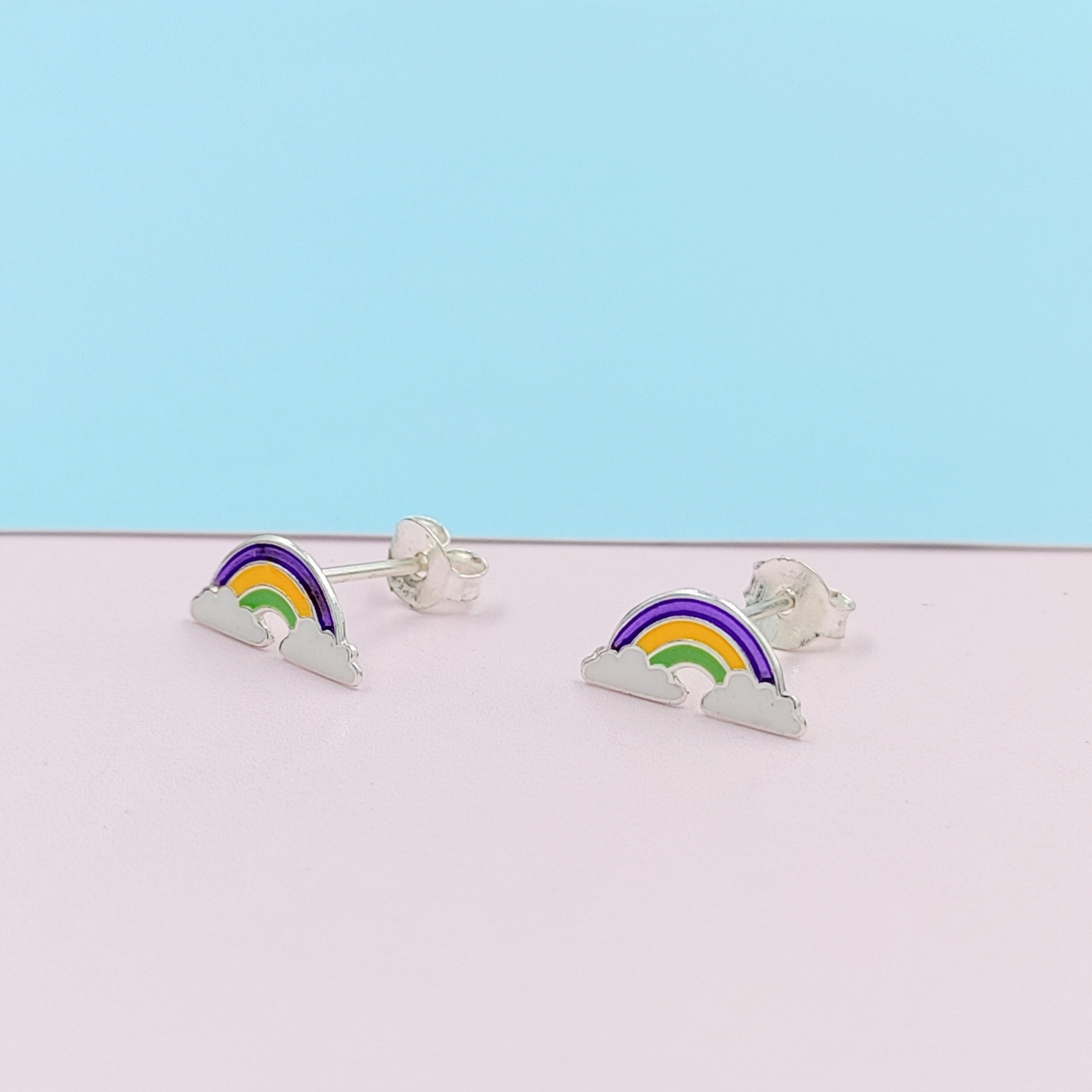 925 Sterling Silver Cute Rainbow Ear Studs Tiny Earrings Enamel Cartilage Ear Studs Gift - 5x11 mm