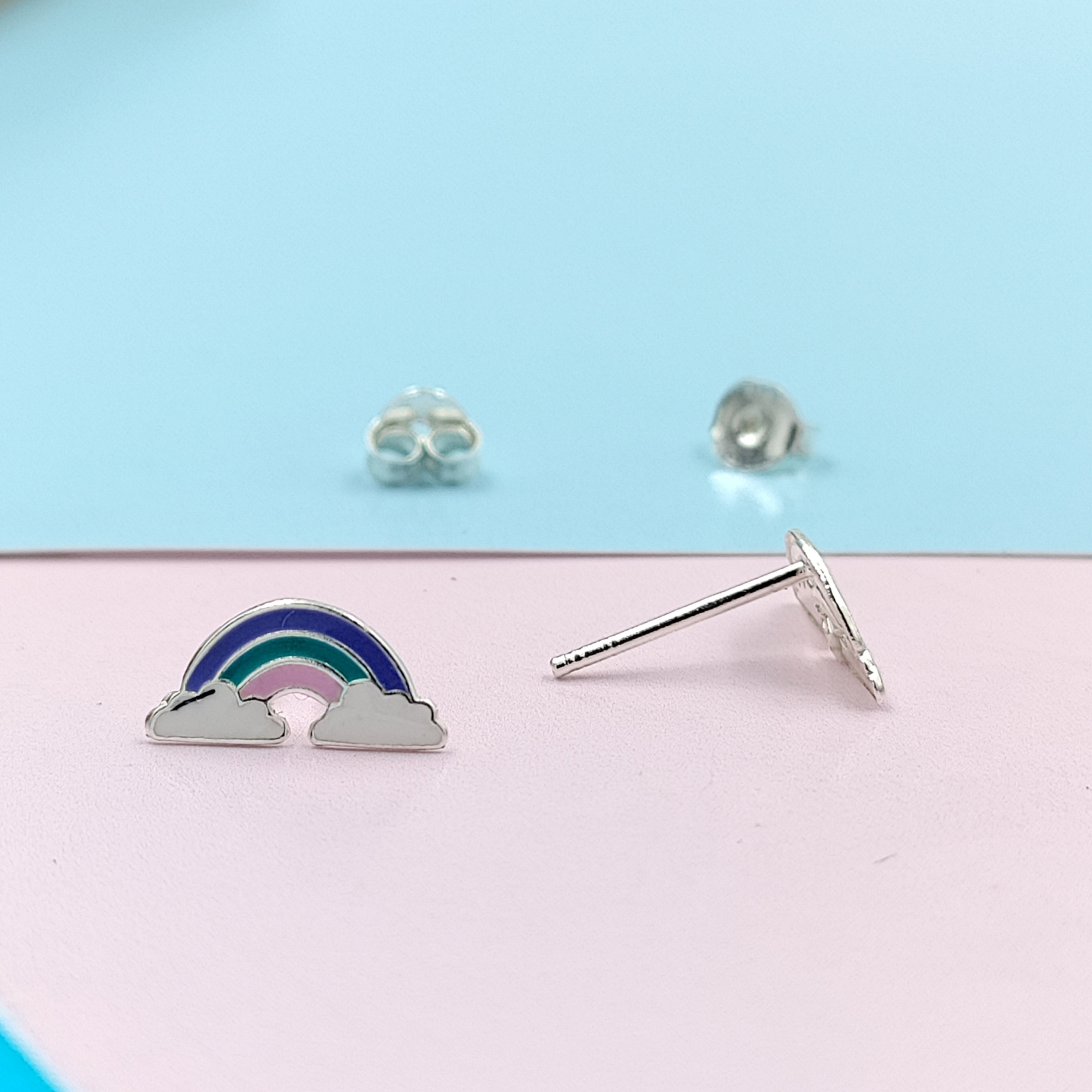 925 Sterling Silver Cute Rainbow Ear Studs Tiny Earrings Enamel Cartilage Ear Studs Girls Earrings Minimalist Handmade Gift - 5x11 mm
