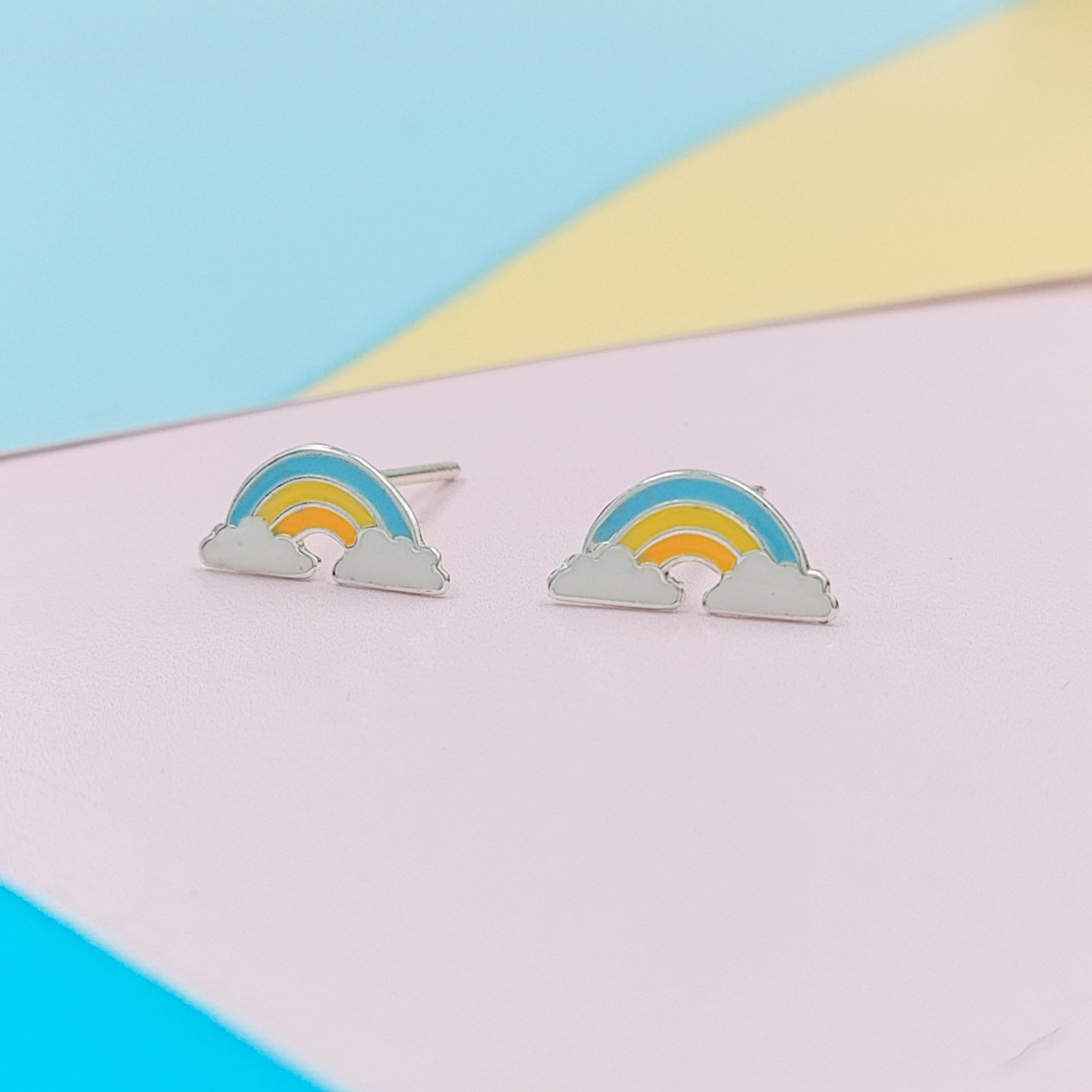 925 Sterling Silver Cute Rainbow Ear Studs Tiny Earrings Enamel Cartilage Ear Studs Girls Earrings Minimalist Handmade Gift - 5x11 mm