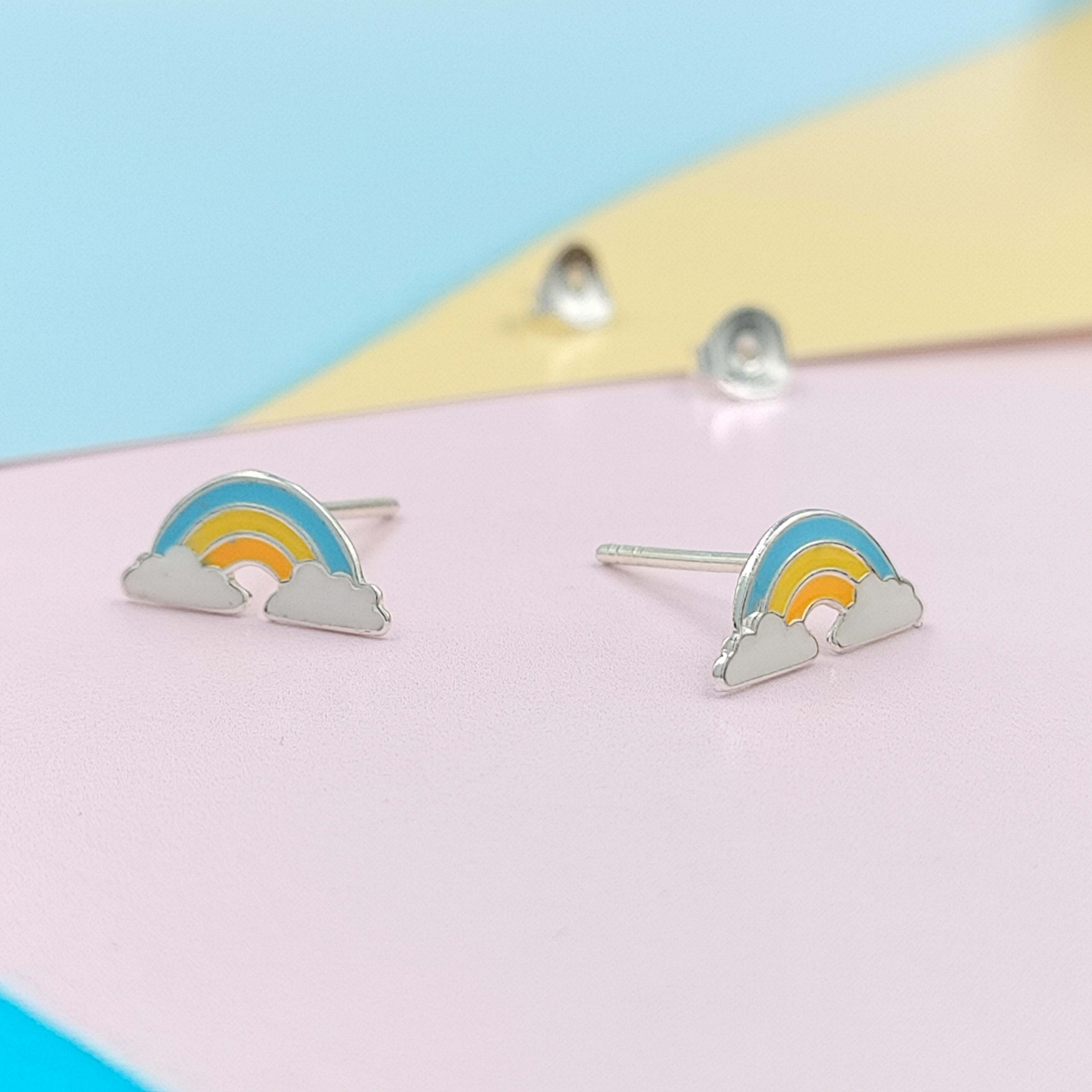 925 Sterling Silver Cute Rainbow Ear Studs Tiny Earrings Enamel Cartilage Ear Studs Gift - 5x11 mm