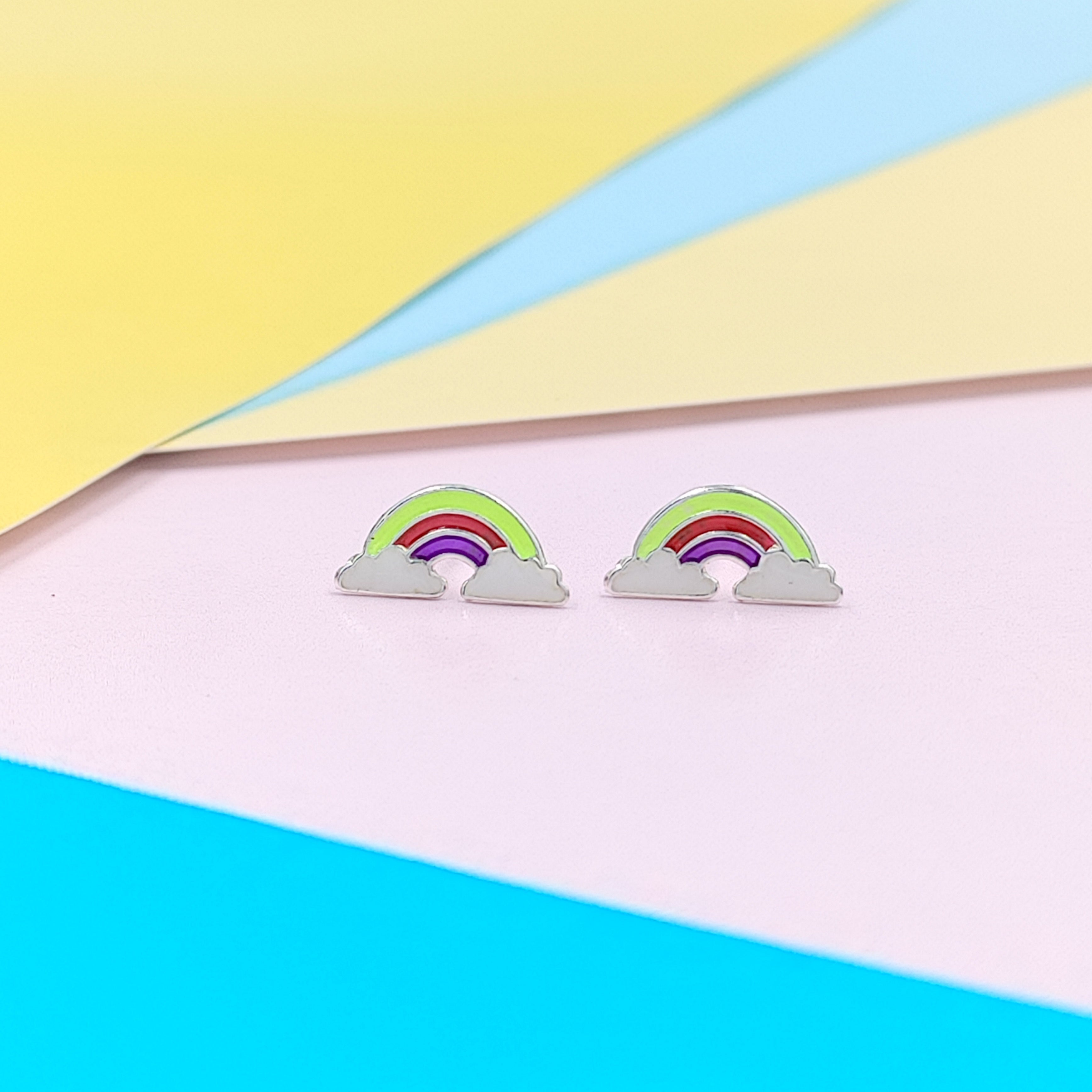 925 Sterling Silver Cute Rainbow Ear Studs Tiny Earrings Enamel Cartilage Ear Studs Girls Earrings Minimalist Handmade Gift - 5x11 mm