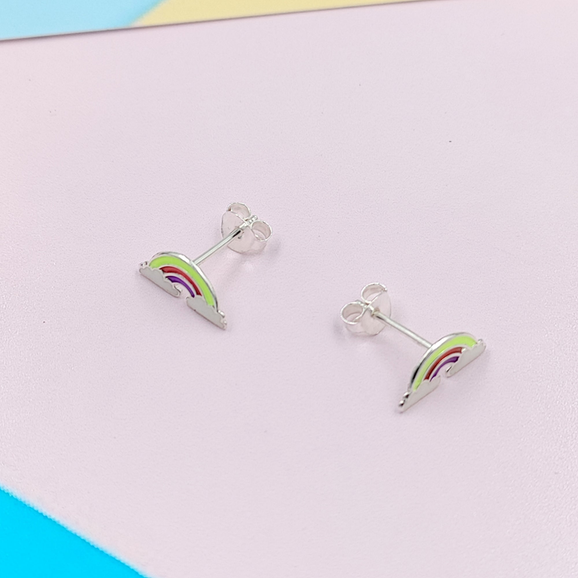 925 Sterling Silver Cute Rainbow Ear Studs Tiny Earrings Enamel Cartilage Ear Studs Girls Earrings Minimalist Handmade Gift - 5x11 mm