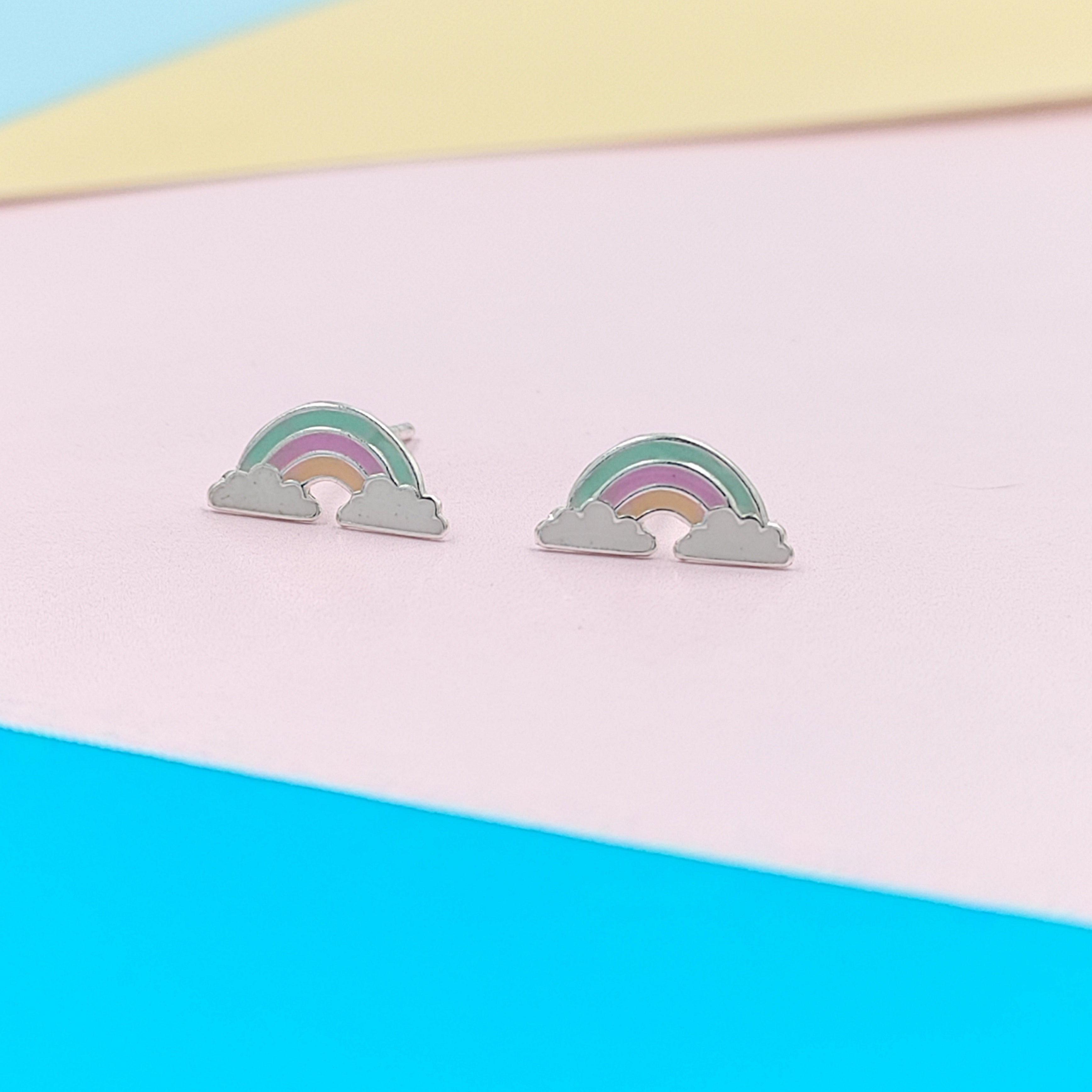 925 Sterling Silver Cute Rainbow Ear Studs Tiny Earrings Enamel Cartilage Ear Studs Girls Earrings Minimalist Handmade Gift - 5x11 mm