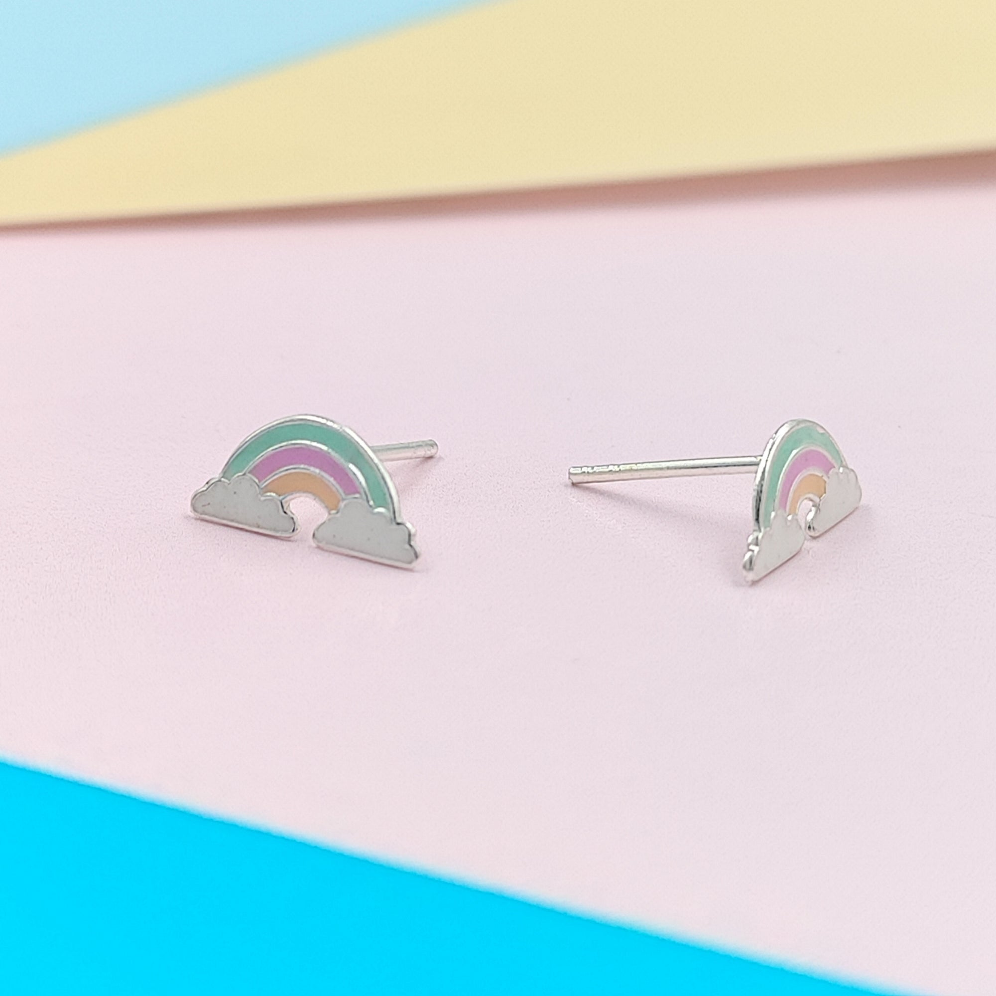 925 Sterling Silver Cute Rainbow Ear Studs Tiny Earrings Enamel Cartilage Ear Studs Girls Earrings Minimalist Handmade Gift - 5x11 mm