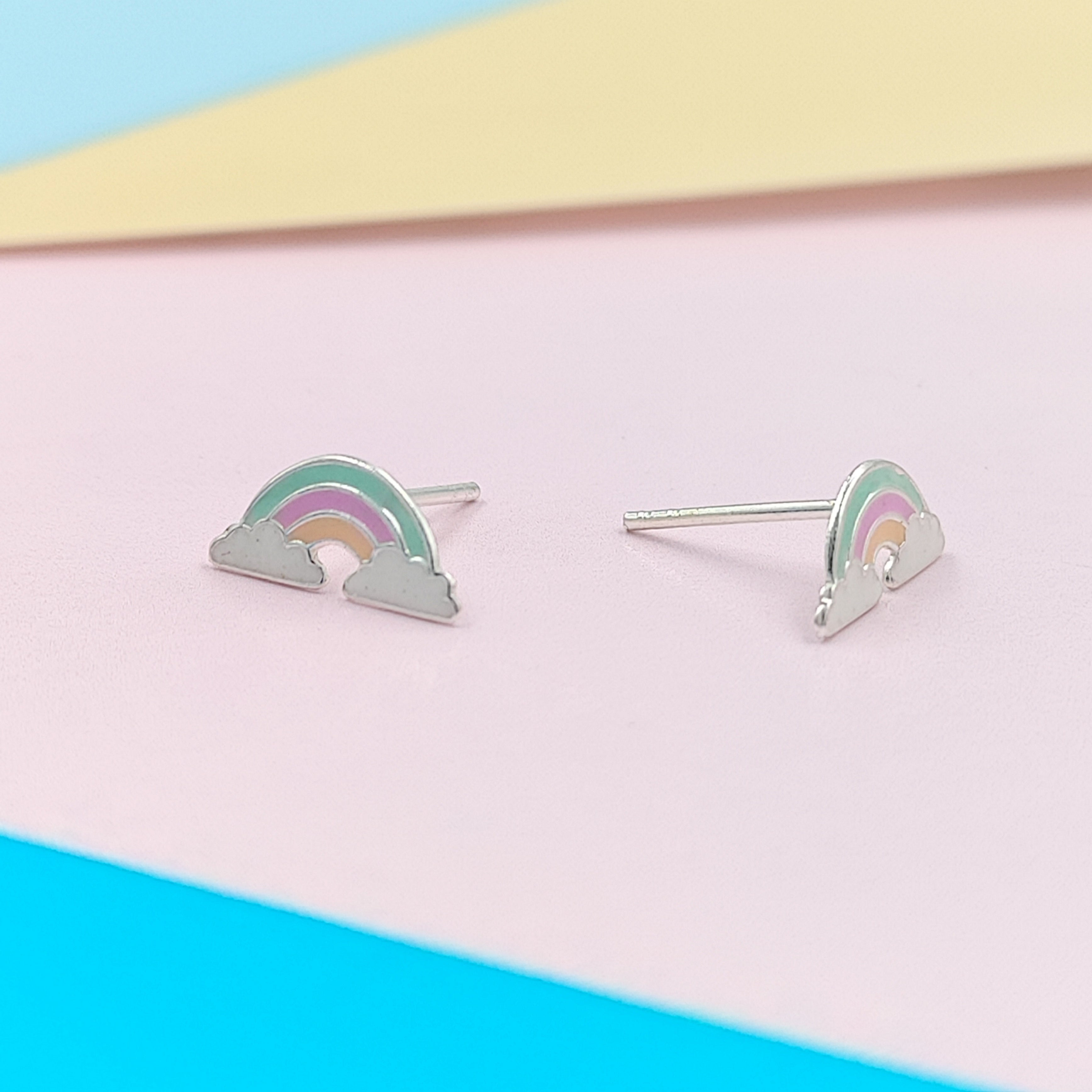 925 Sterling Silver Cute Rainbow Ear Studs Tiny Earrings Enamel Cartilage Ear Studs Girls Earrings Minimalist Handmade Gift - 5x11 mm