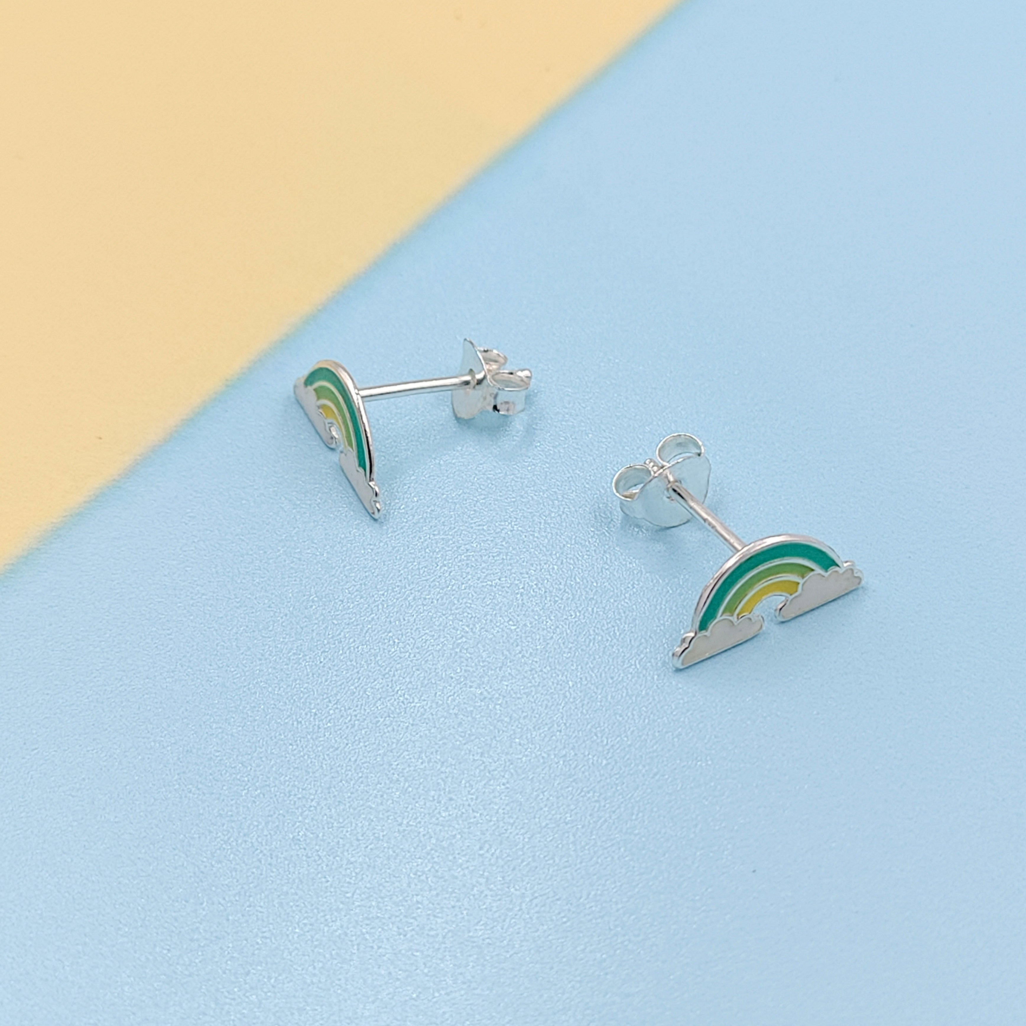 925 Sterling Silver Cute Rainbow Ear Studs Tiny Earrings Enamel Cartilage Ear Studs Gift - 5x11 mm