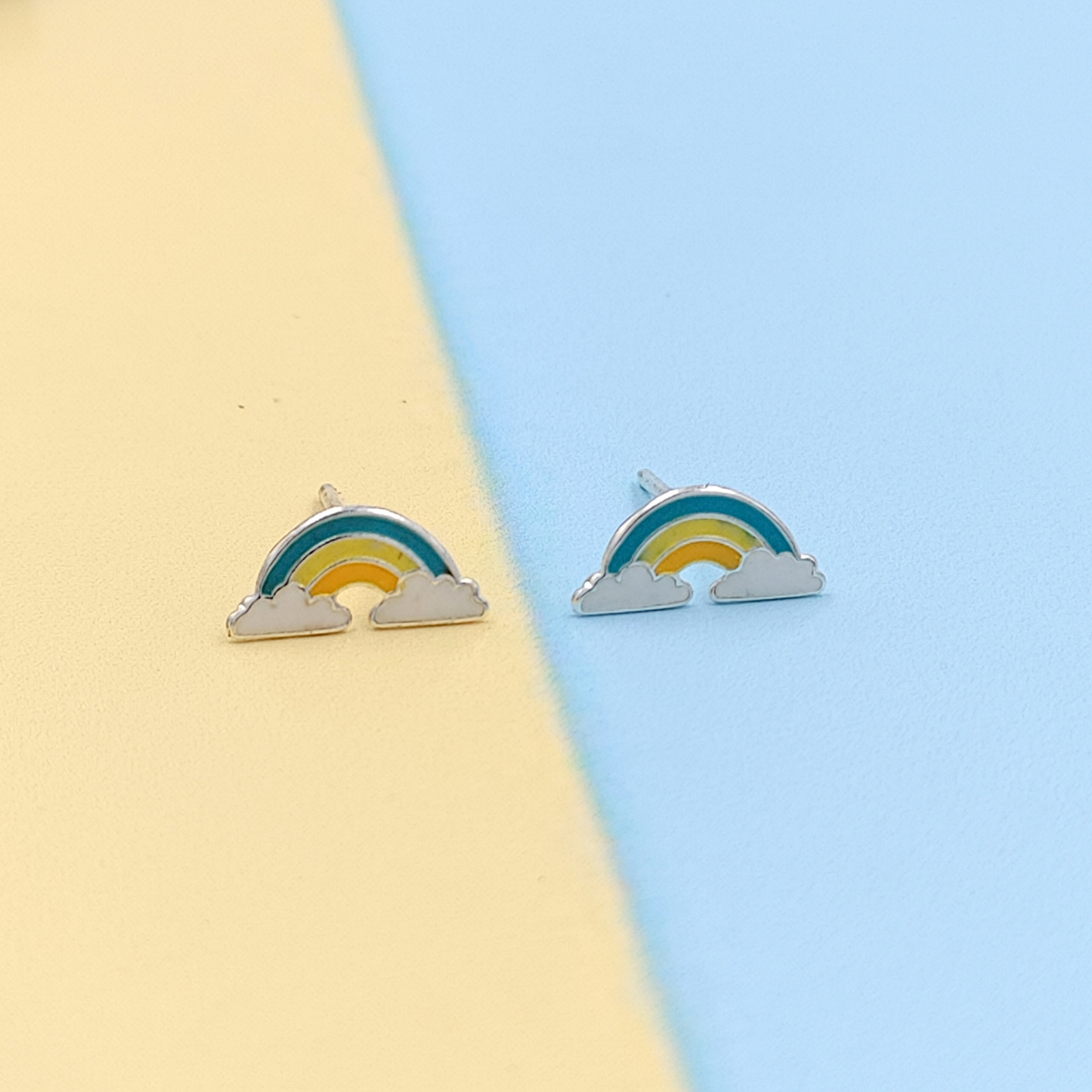 925 Sterling Silver Cute Rainbow Ear Studs Tiny Earrings Enamel Cartilage Ear Studs Girls Earrings Minimalist Handmade Gift - 5x11 mm