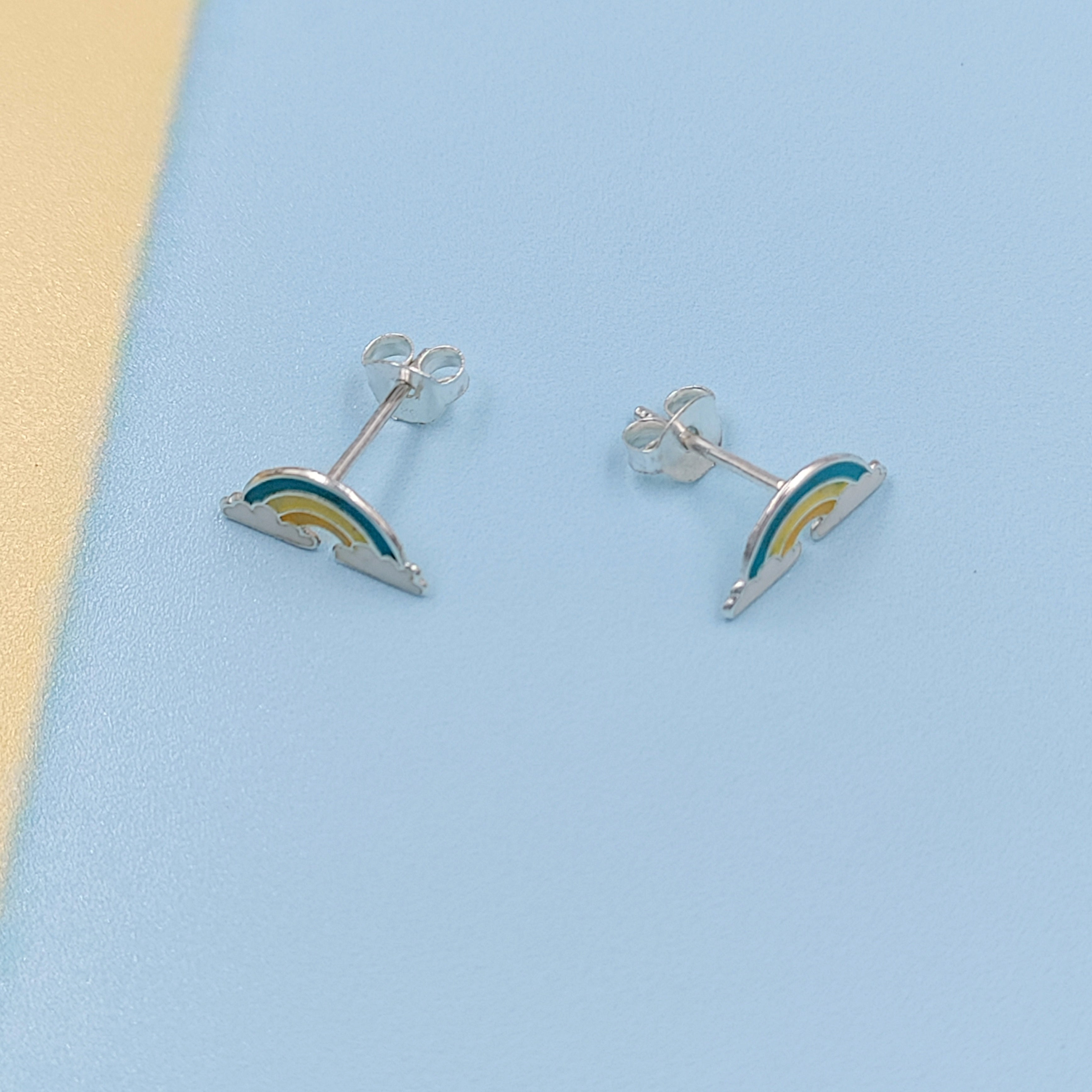 925 Sterling Silver Cute Rainbow Ear Studs Tiny Earrings Enamel Cartilage Ear Studs Gift - 5x11 mm