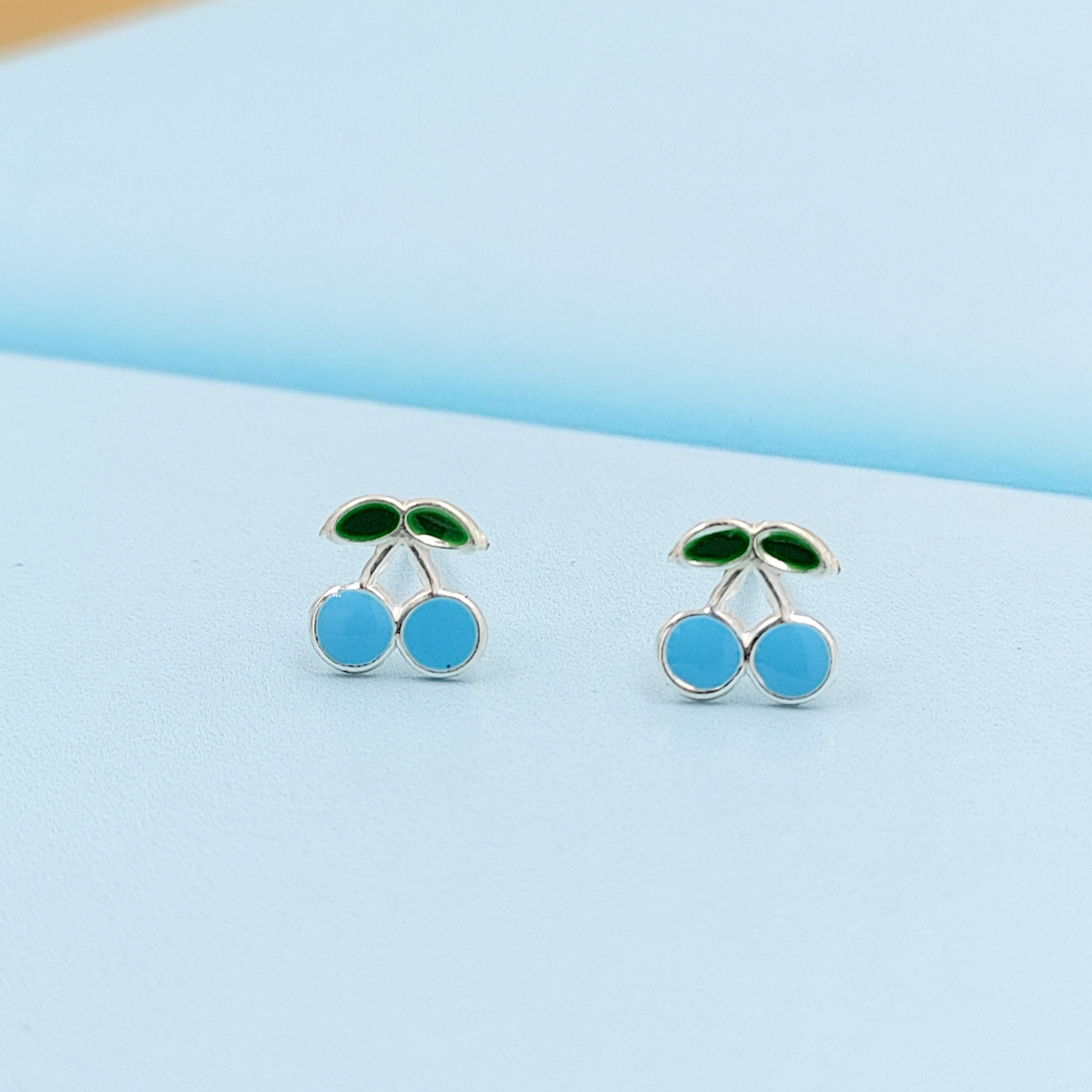 925 Sterling Silver Cute Cherry Ear Studs Tiny Earrings Fruit Enamel Ear Studs Earrings Handmade Gift For Women