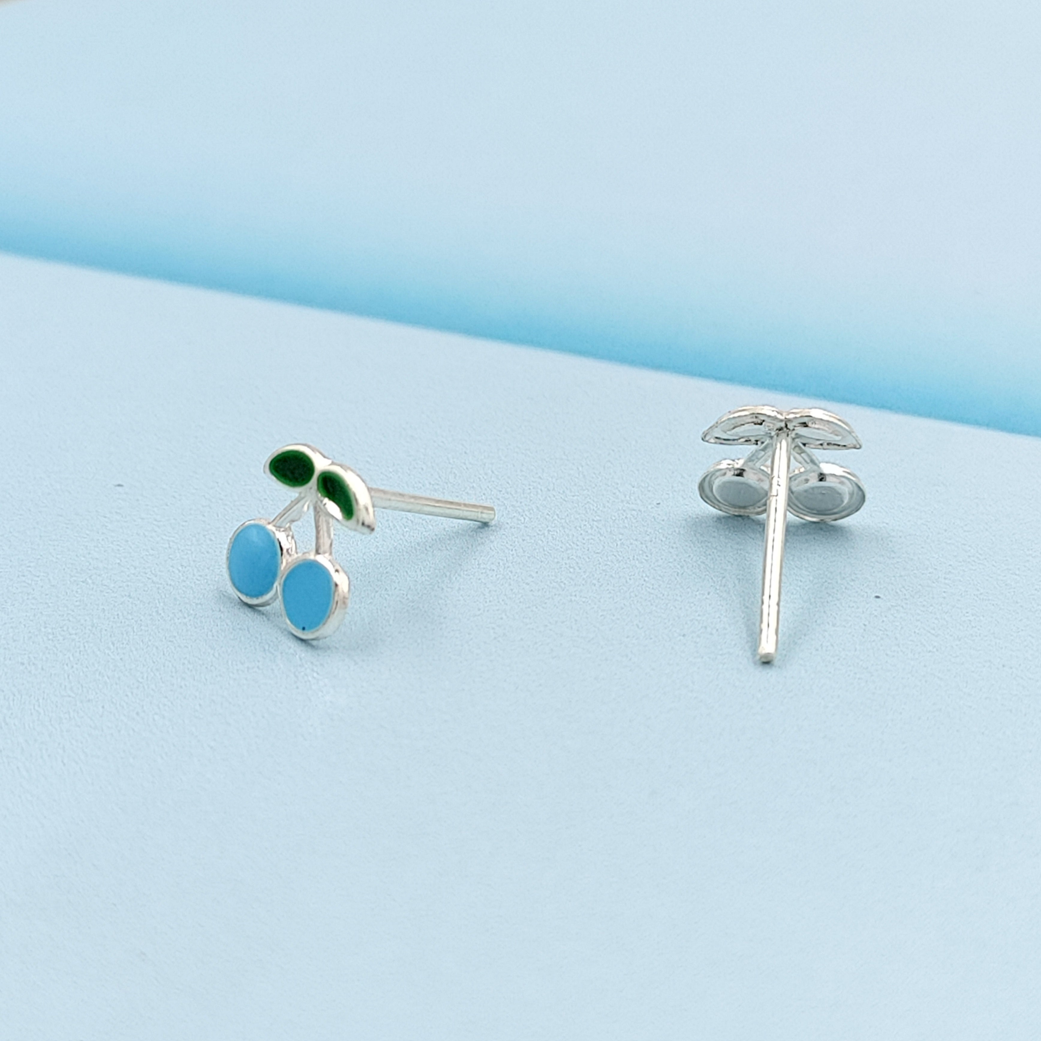 925 Sterling Silver Cute Cherry Ear Studs Tiny Earrings Fruit Enamel Ear Studs