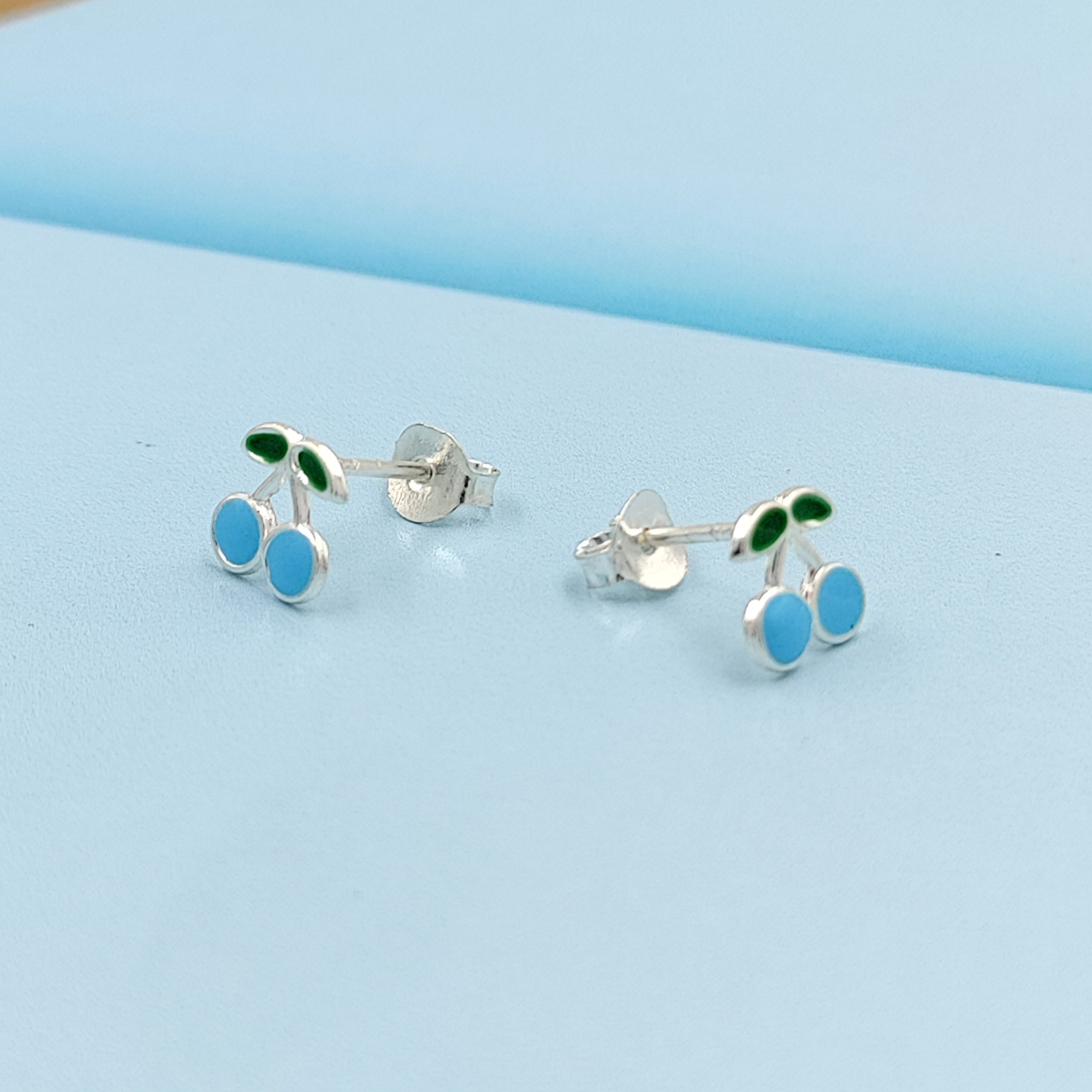 925 Sterling Silver Cute Cherry Ear Studs Tiny Earrings Fruit Enamel Ear Studs