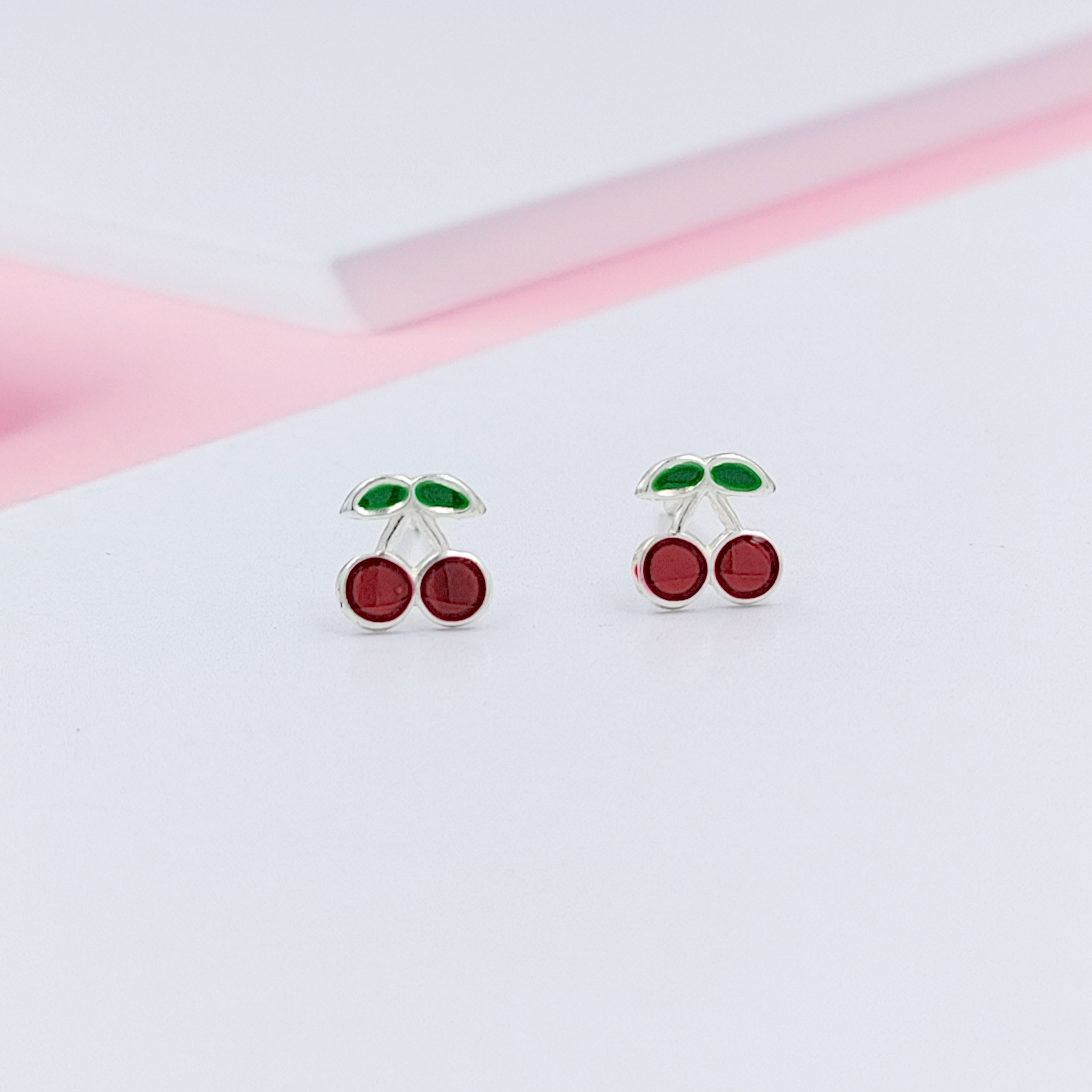 925 Sterling Silver Cute Cherry Ear Studs Tiny Earrings Fruit Enamel Ear Studs Earrings Handmade Gift For Women