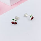 925 Sterling Silver Cute Cherry Ear Studs Tiny Earrings Fruit Enamel Ear Studs Earrings Handmade Gift For Women