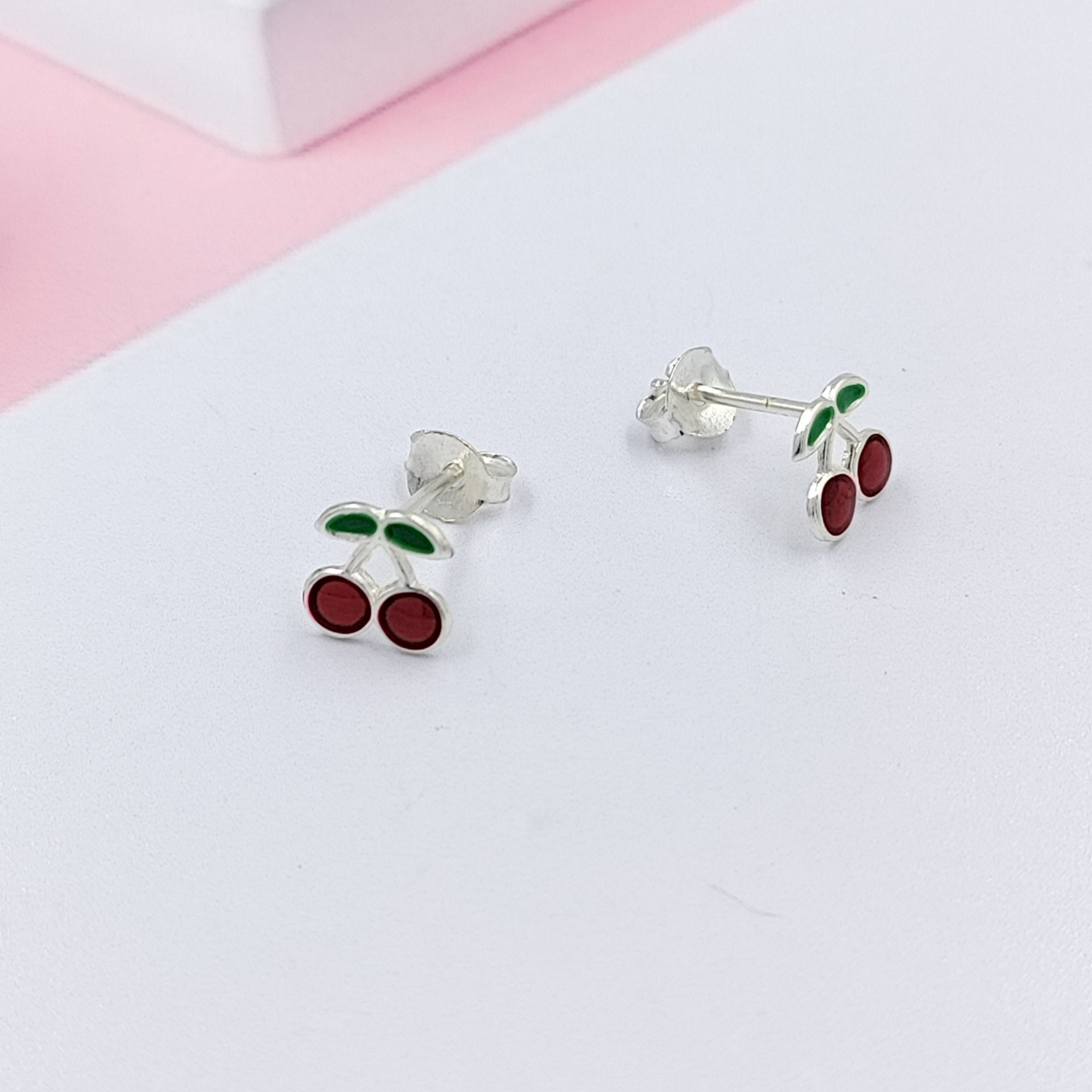 925 Sterling Silver Cute Cherry Ear Studs Tiny Earrings Fruit Enamel Ear Studs Earrings Handmade Gift For Women