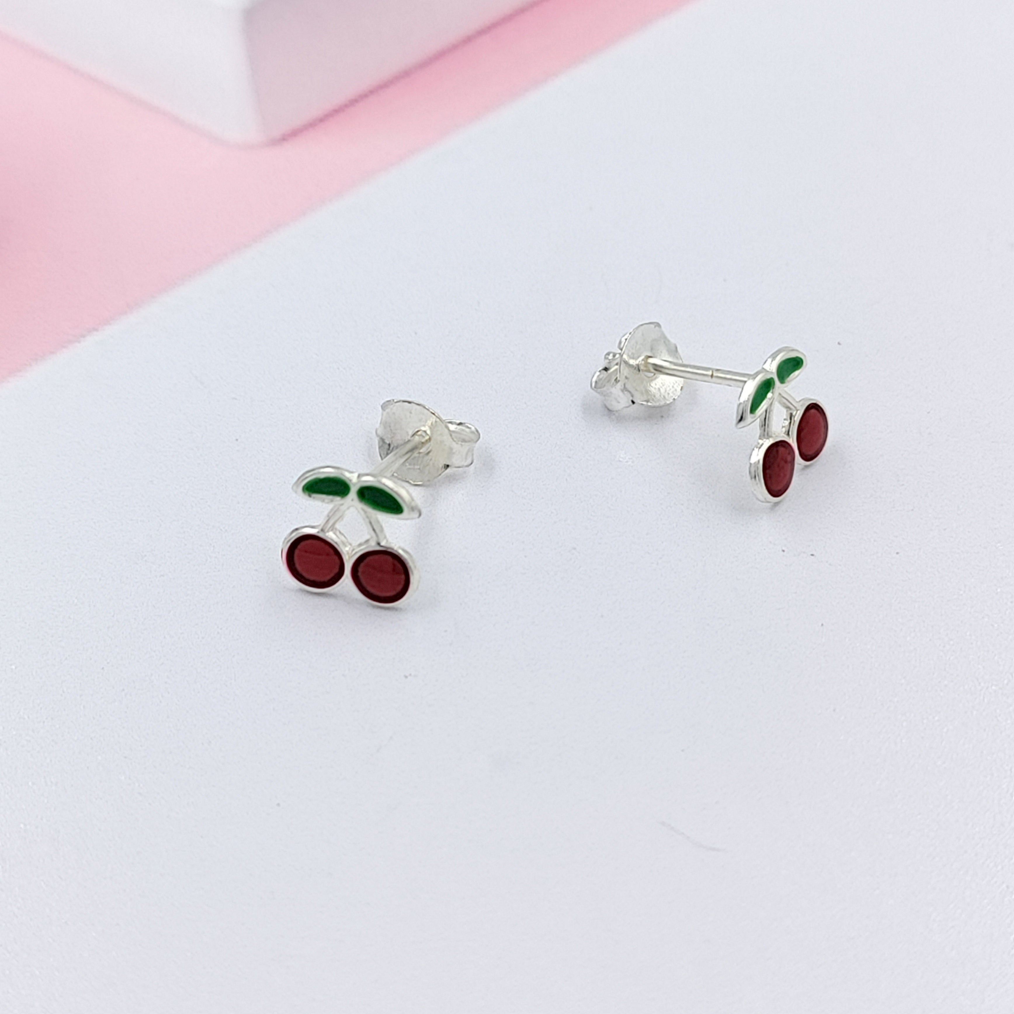 925 Sterling Silver Cute Cherry Ear Studs Tiny Earrings Fruit Enamel Ear Studs