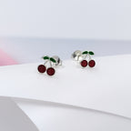 925 Sterling Silver Cute Cherry Ear Studs Tiny Earrings Fruit Enamel Ear Studs Earrings Handmade Gift For Women