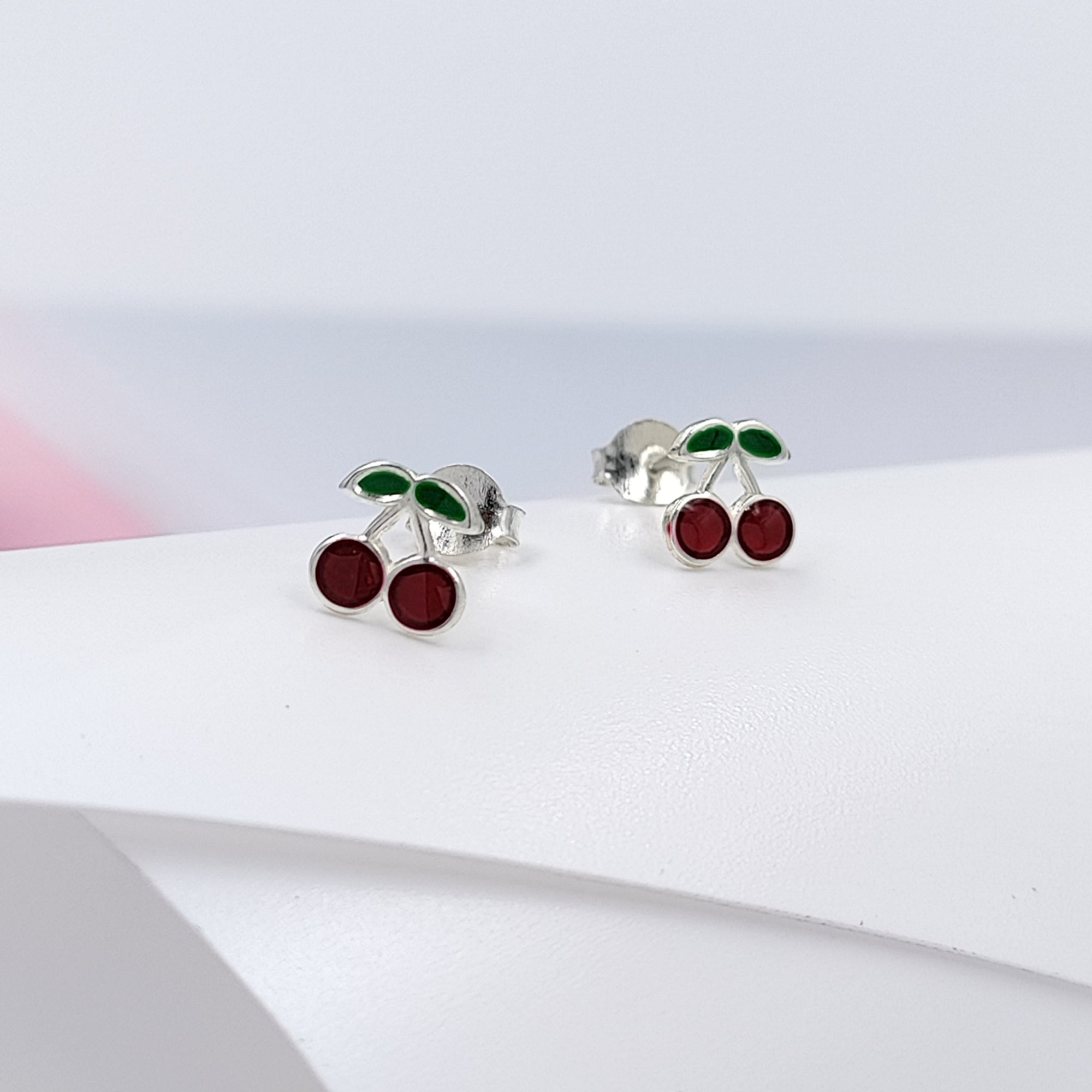 925 Sterling Silver Cute Cherry Ear Studs Tiny Earrings Fruit Enamel Ear Studs Earrings Handmade Gift For Women