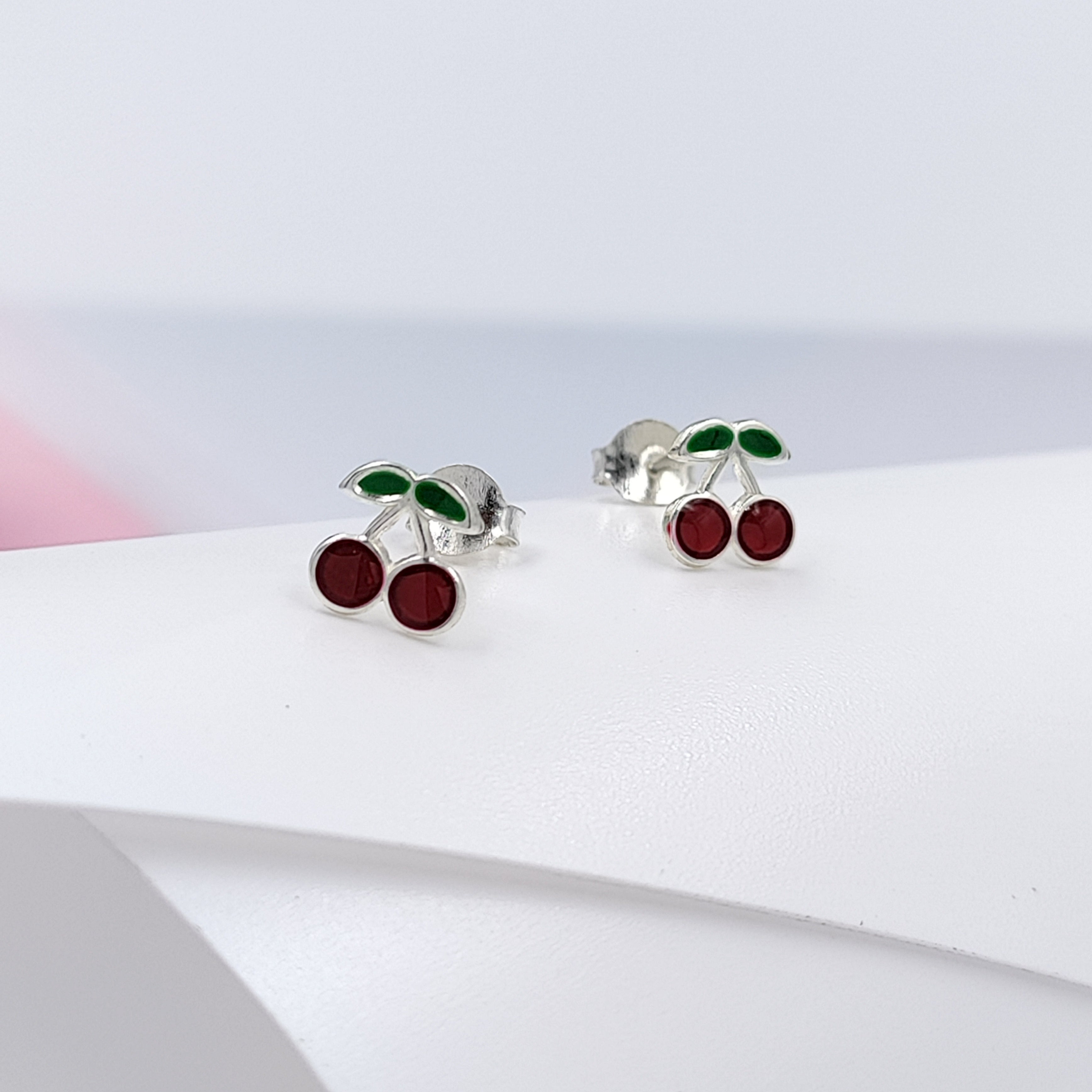 925 Sterling Silver Cute Cherry Ear Studs Tiny Earrings Fruit Enamel Ear Studs