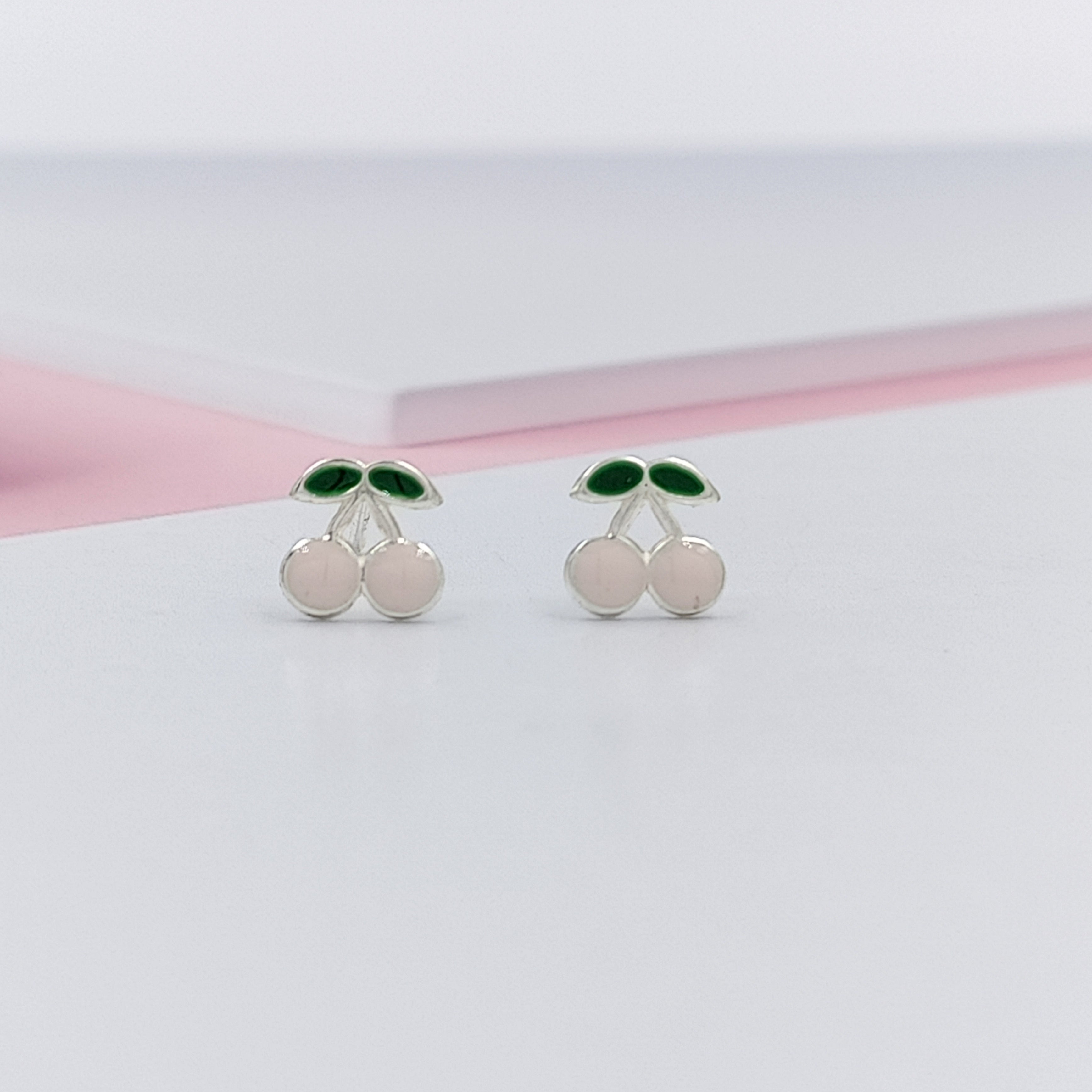 925 Sterling Silver Cute Cherry Ear Studs Tiny Earrings Fruit Enamel Ear Studs Earrings Handmade Gift For Women