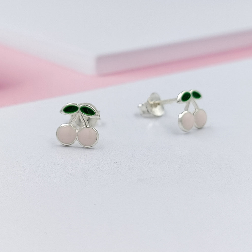 925 Sterling Silver Cute Cherry Ear Studs Tiny Earrings Fruit Enamel Ear Studs Earrings Handmade Gift For Women