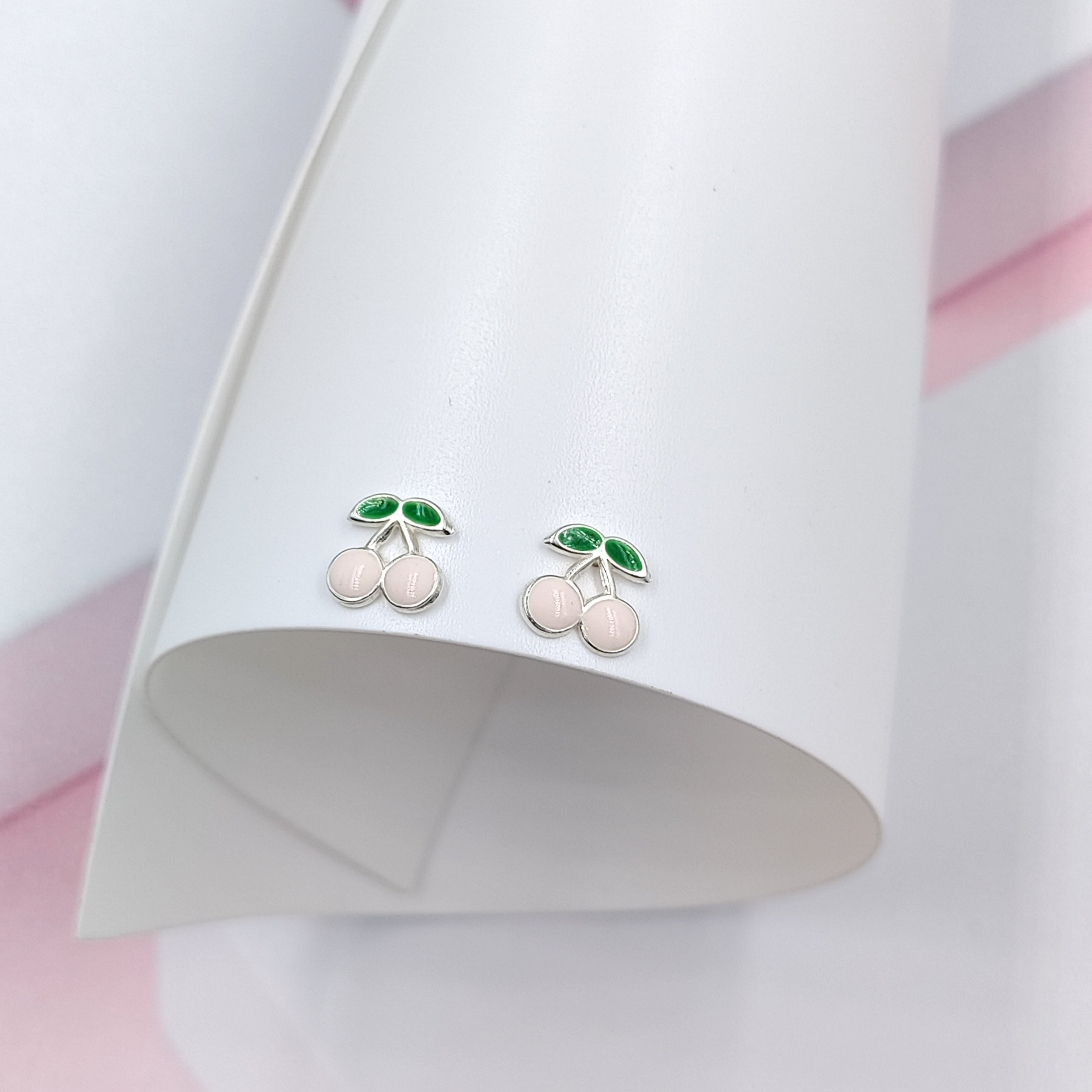 925 Sterling Silver Cute Cherry Ear Studs Tiny Earrings Fruit Enamel Ear Studs