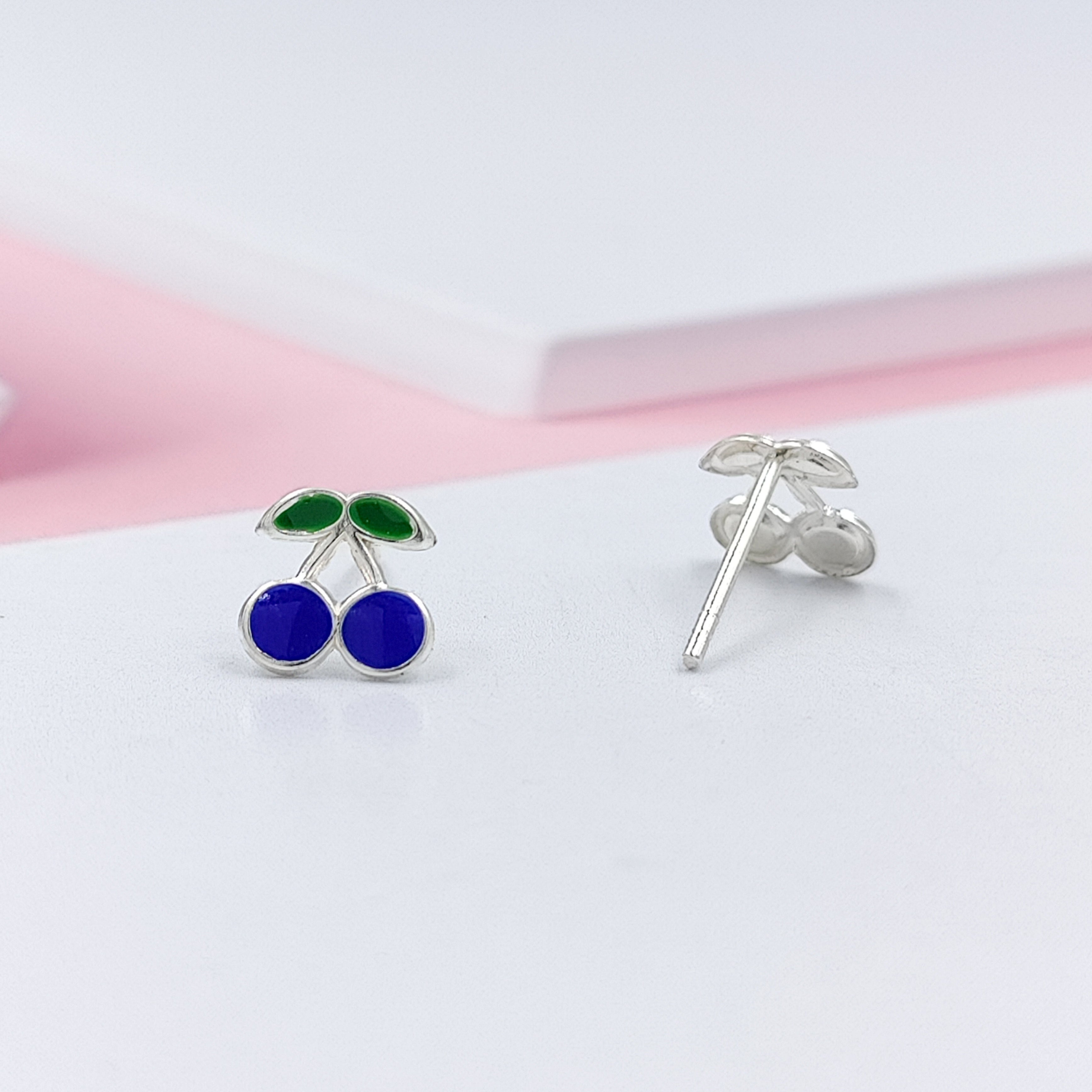 925 Sterling Silver Cute Cherry Ear Studs Tiny Earrings Fruit Enamel Ear Studs Earrings Handmade Gift For Women