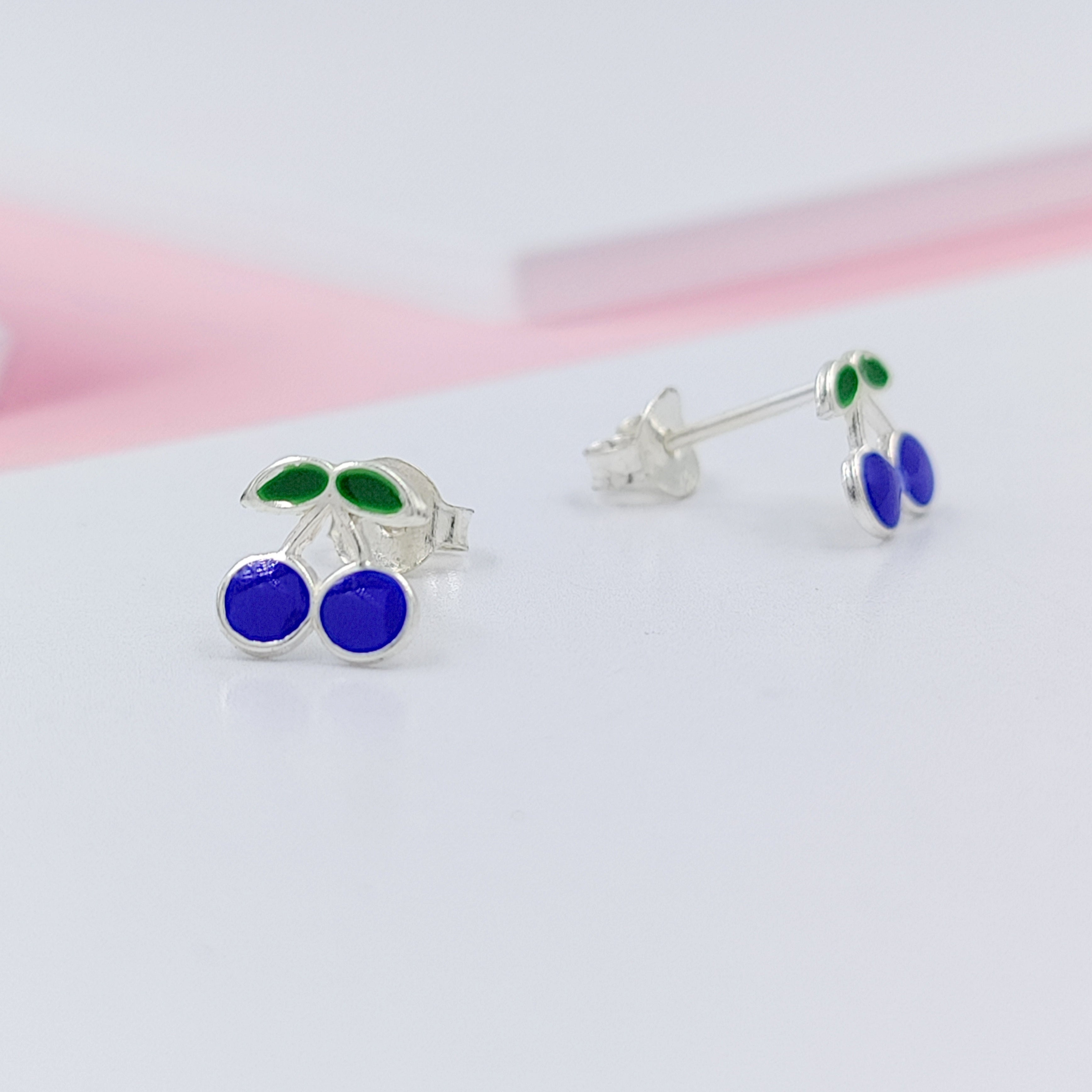 925 Sterling Silver Cute Cherry Ear Studs Tiny Earrings Fruit Enamel Ear Studs
