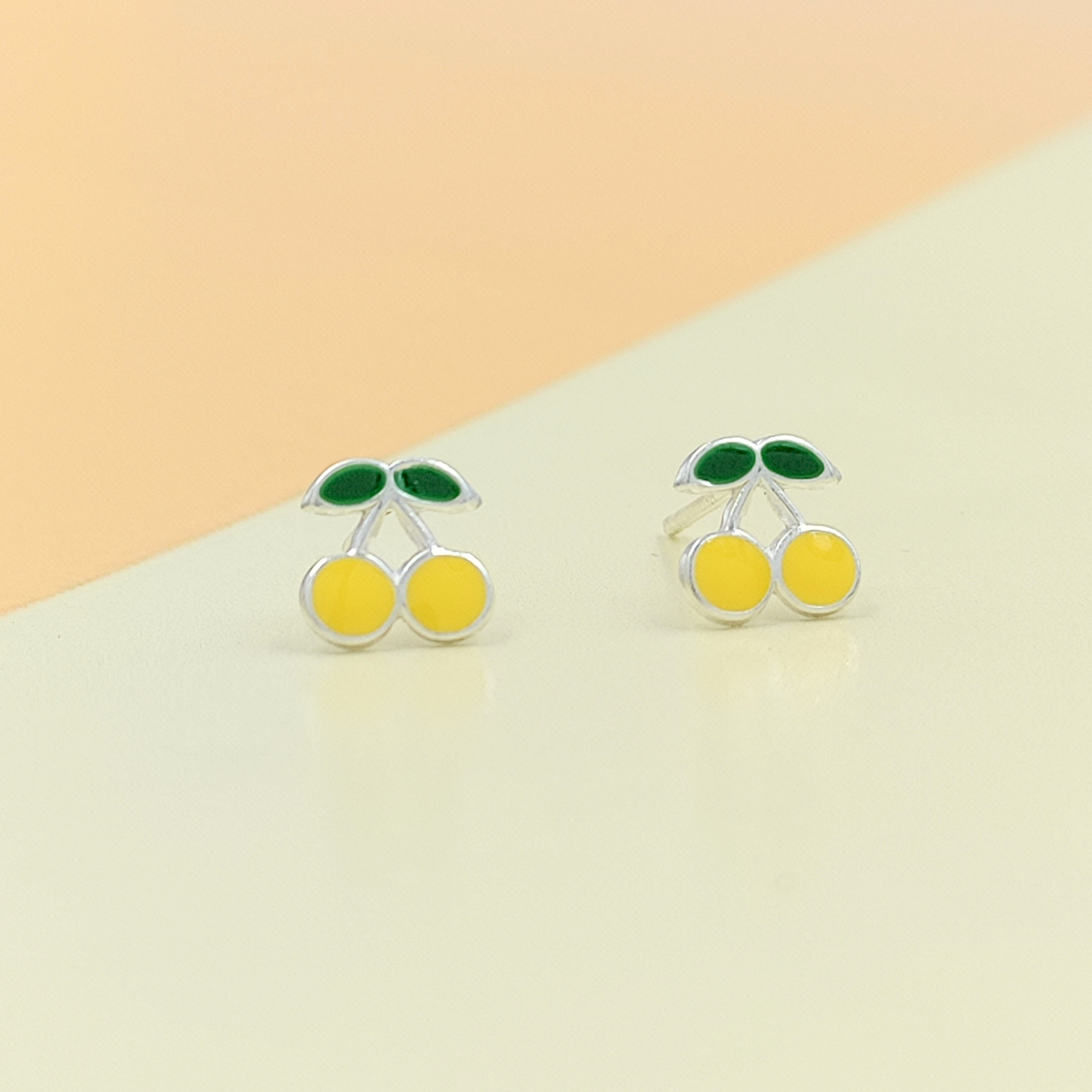 925 Sterling Silver Cute Cherry Ear Studs Tiny Earrings Fruit Enamel Ear Studs Earrings Handmade Gift For Women