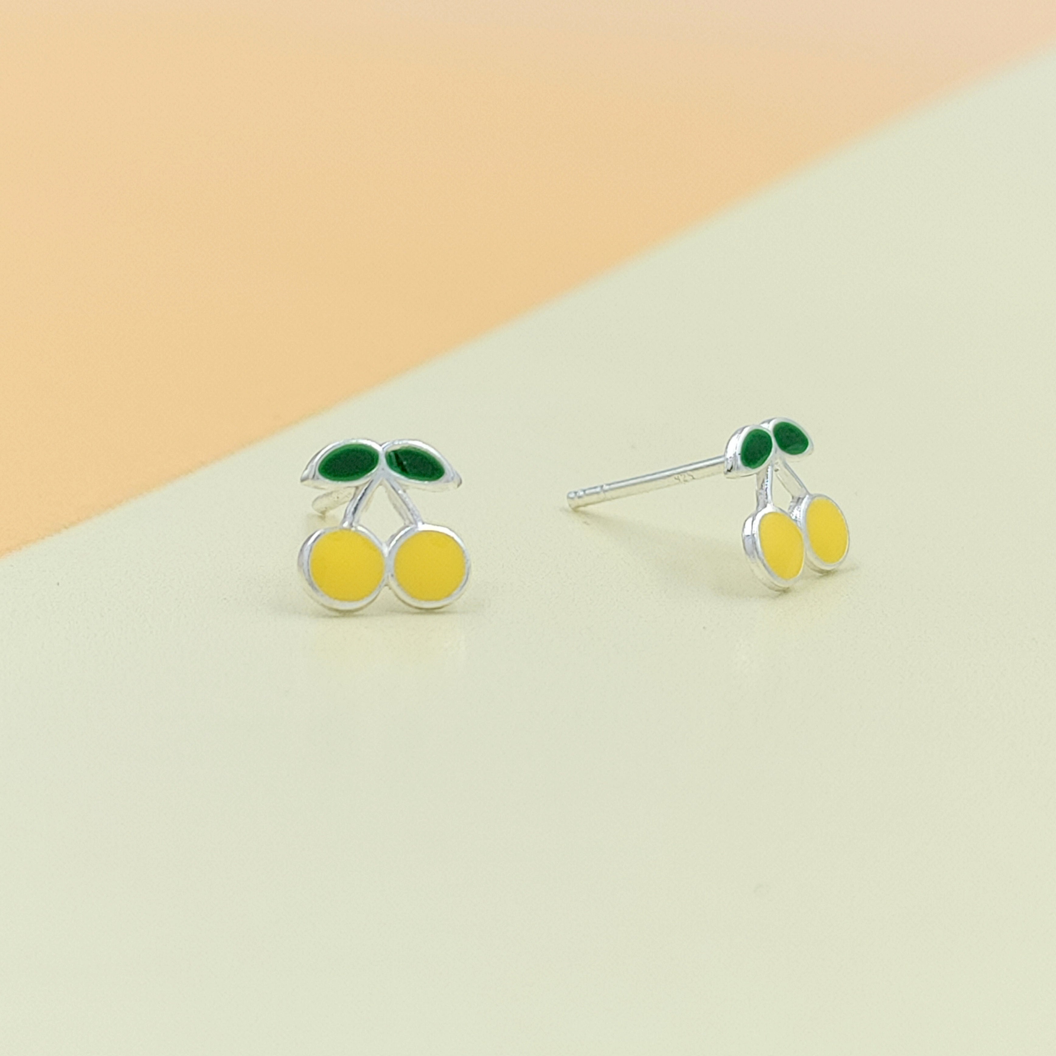 925 Sterling Silver Cute Cherry Ear Studs Tiny Earrings Fruit Enamel Ear Studs