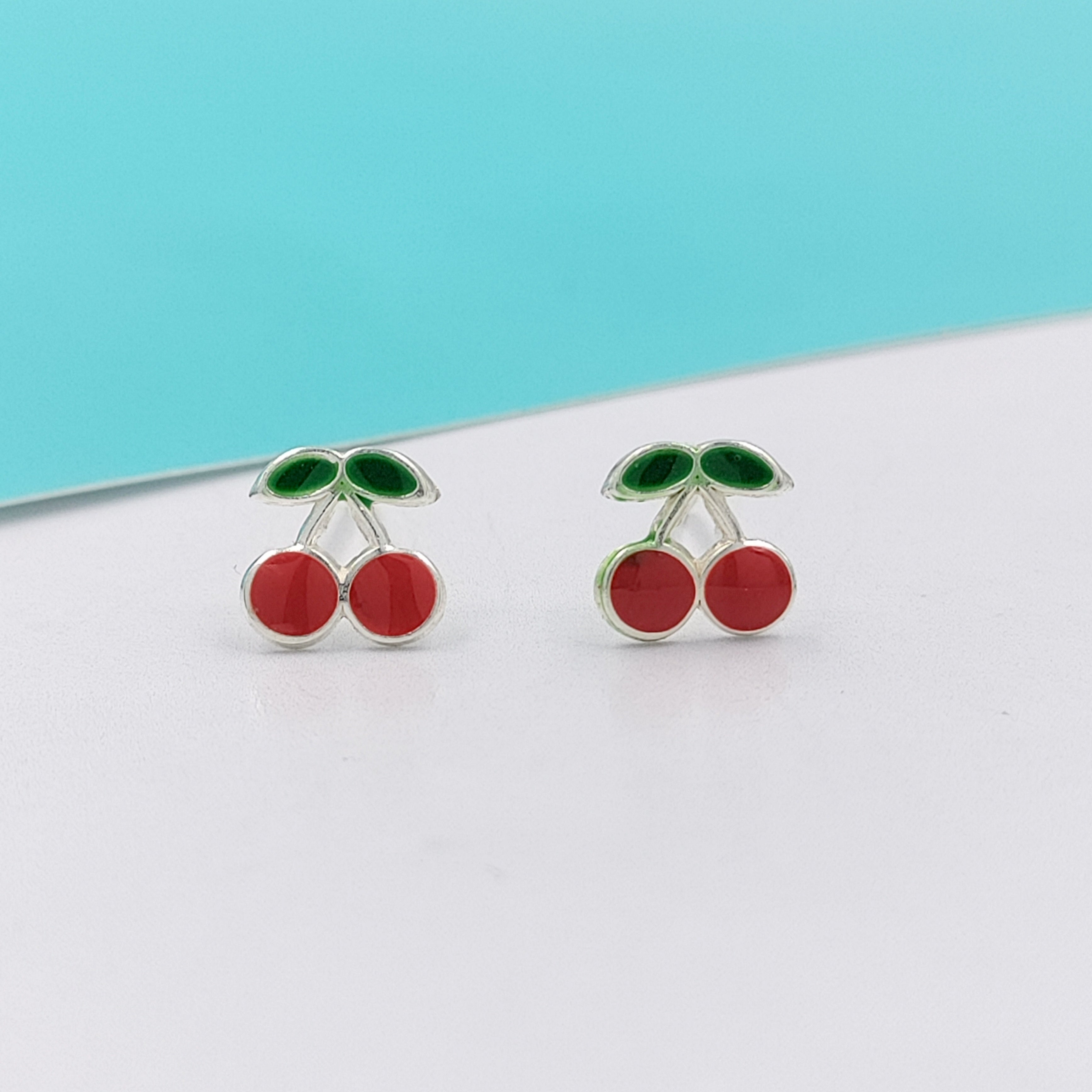 925 Sterling Silver Cute Cherry Ear Studs Tiny Earrings Fruit Enamel Ear Studs Earrings Handmade Gift For Women