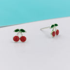 925 Sterling Silver Cute Cherry Ear Studs Tiny Earrings Fruit Enamel Ear Studs Earrings Handmade Gift For Women