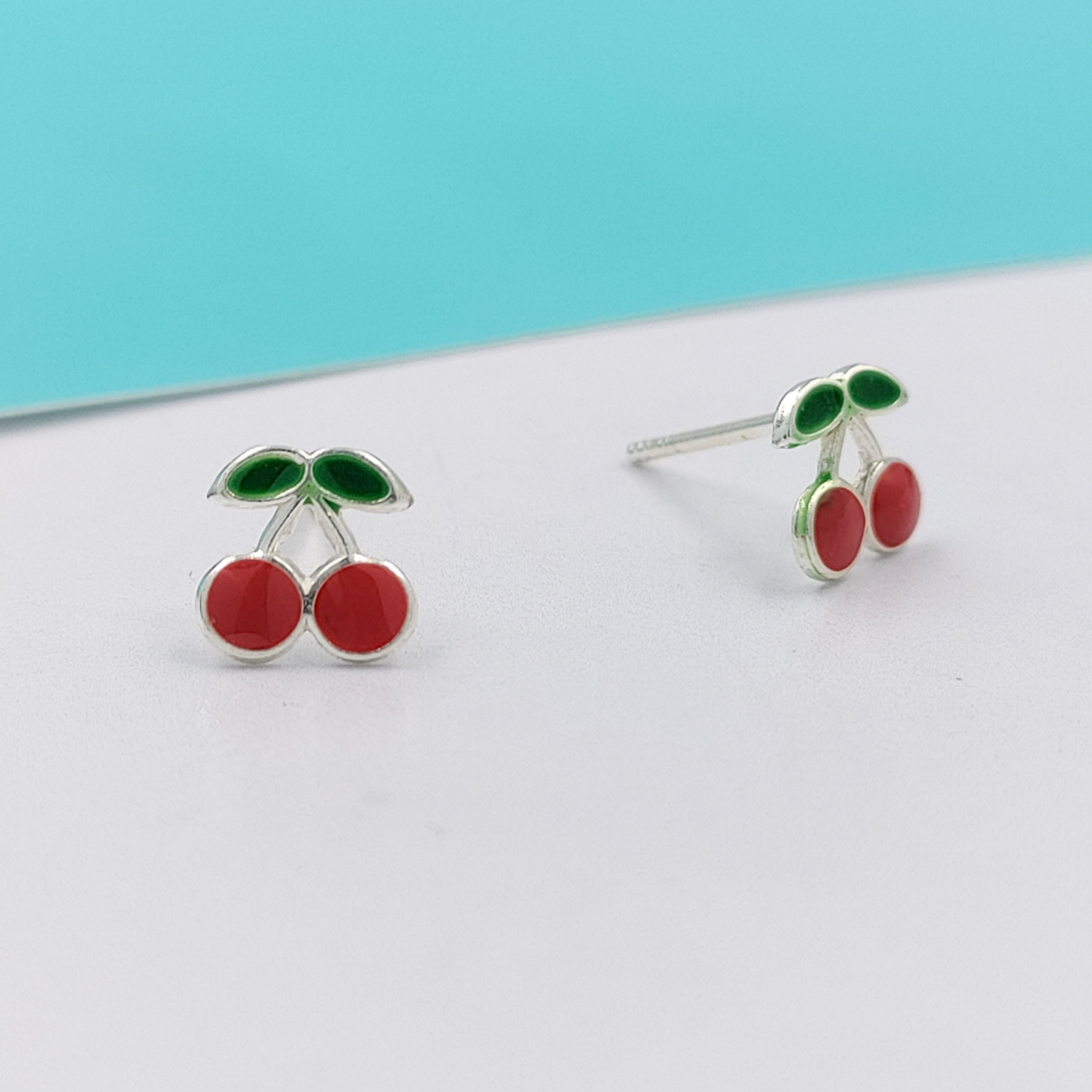 925 Sterling Silver Cute Cherry Ear Studs Tiny Earrings Fruit Enamel Ear Studs