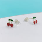 925 Sterling Silver Cute Cherry Ear Studs Tiny Earrings Fruit Enamel Ear Studs Earrings Handmade Gift For Women