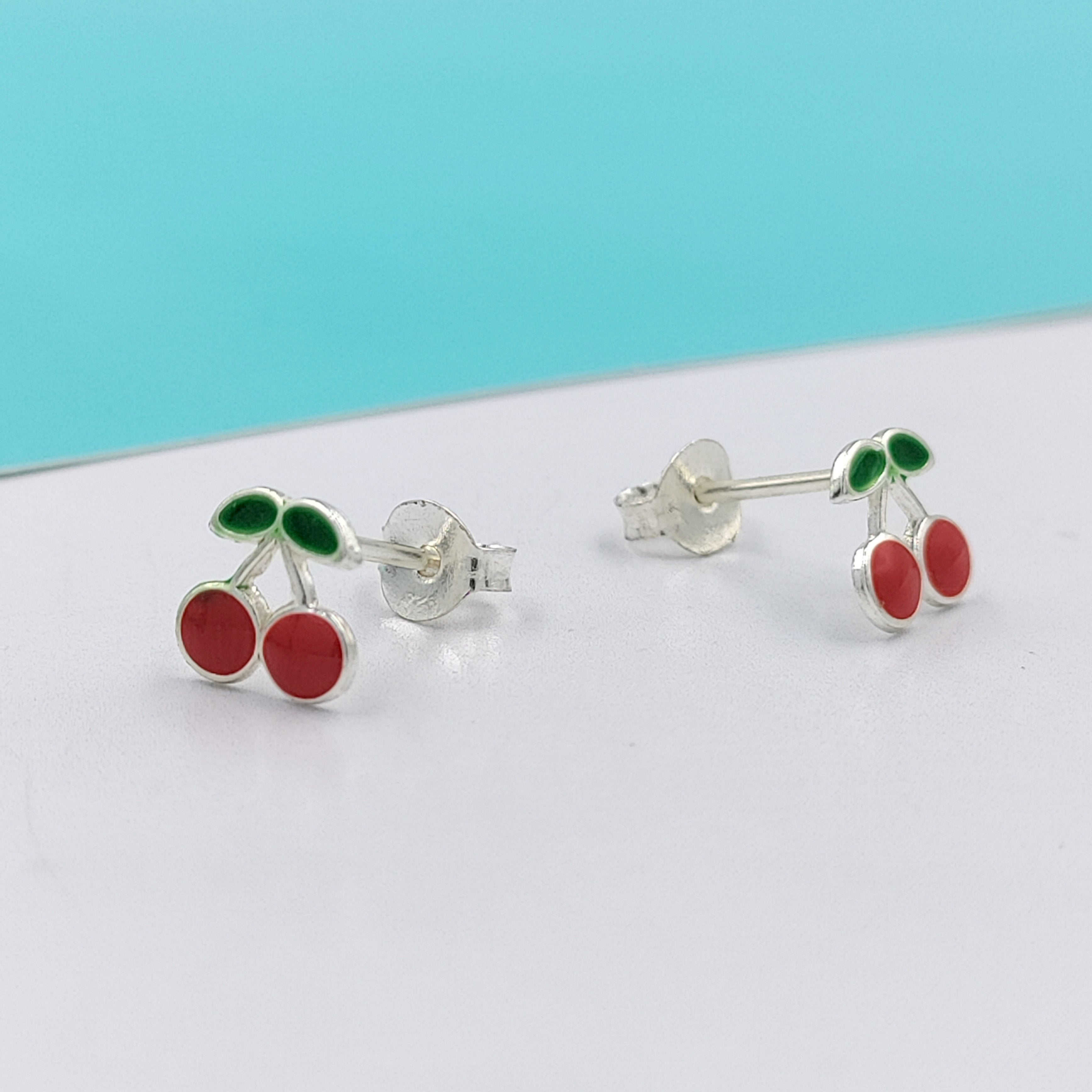 925 Sterling Silver Cute Cherry Ear Studs Tiny Earrings Fruit Enamel Ear Studs