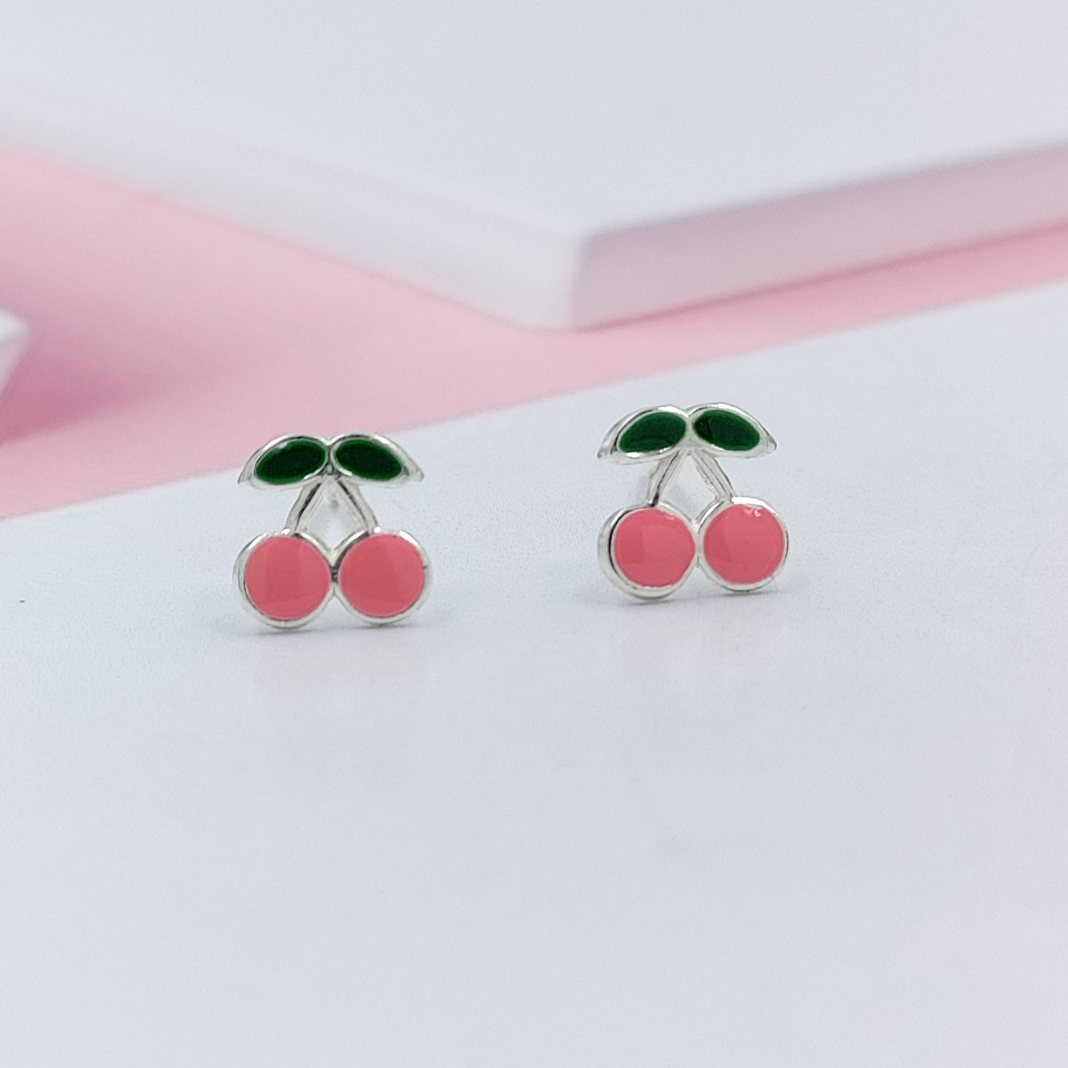 925 Sterling Silver Cute Cherry Ear Studs Tiny Earrings Fruit Enamel Ear Studs Earrings Handmade Gift For Women
