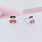 925 Sterling Silver Cute Cherry Ear Studs Tiny Earrings Fruit Enamel Ear Studs Earrings Handmade Gift For Women