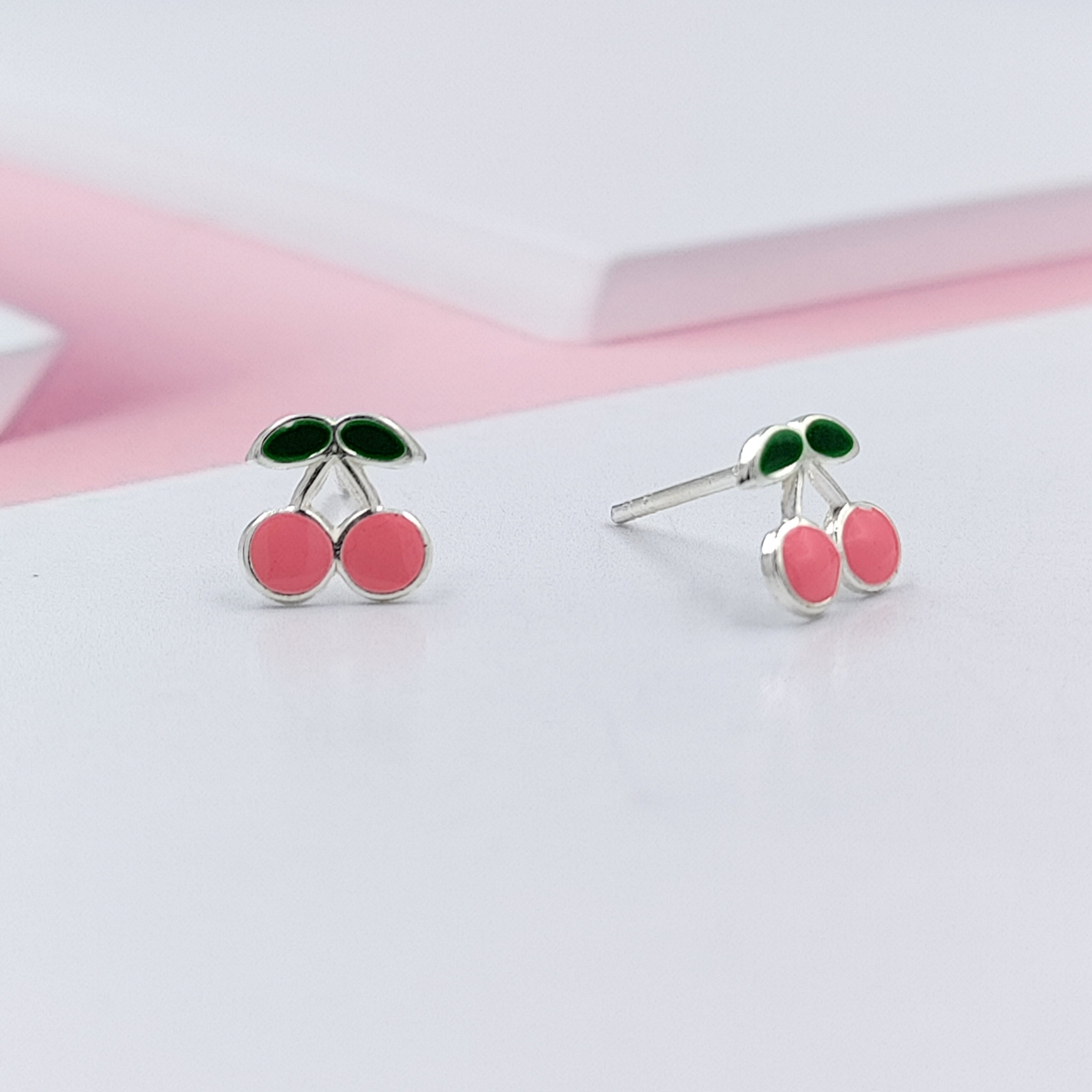 925 Sterling Silver Cute Cherry Ear Studs Tiny Earrings Fruit Enamel Ear Studs