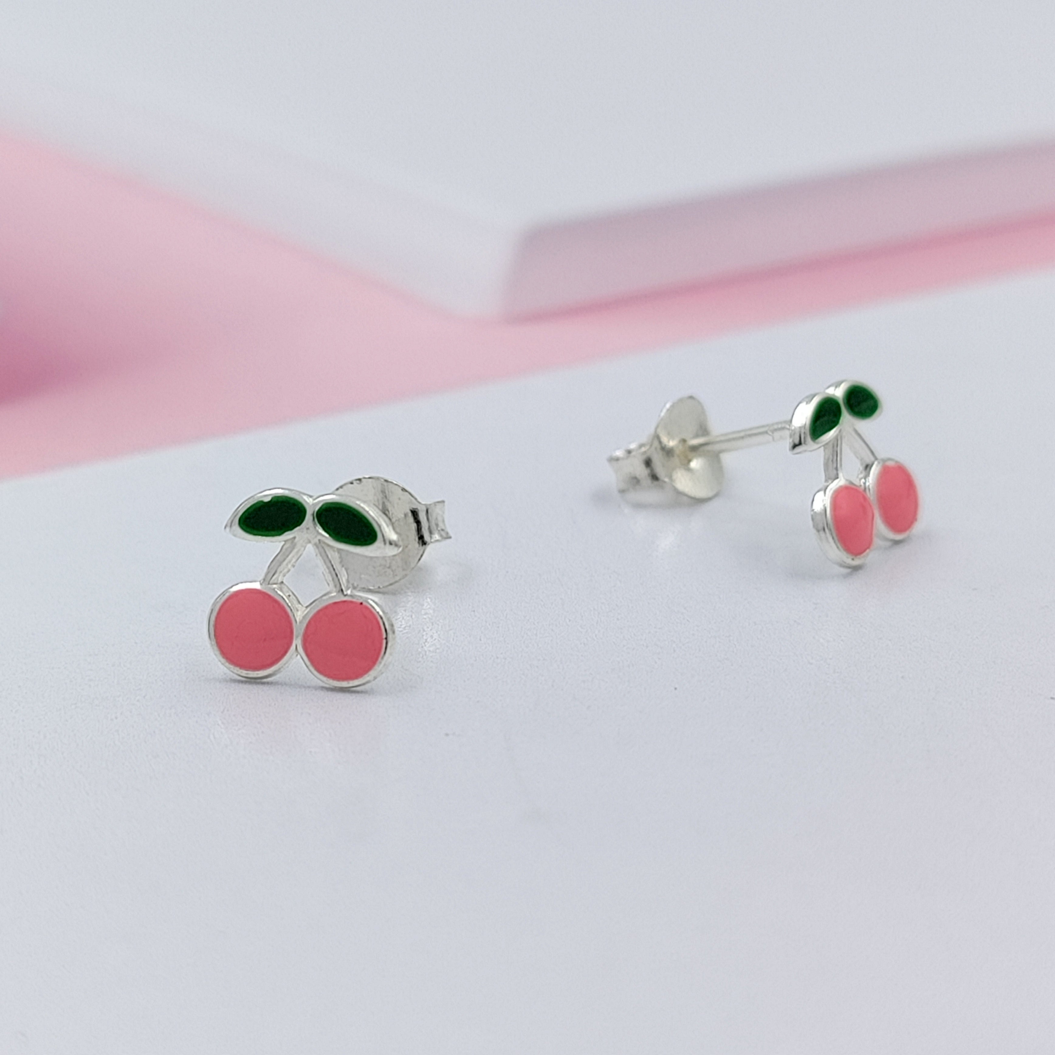 925 Sterling Silver Cute Cherry Ear Studs Tiny Earrings Fruit Enamel Ear Studs