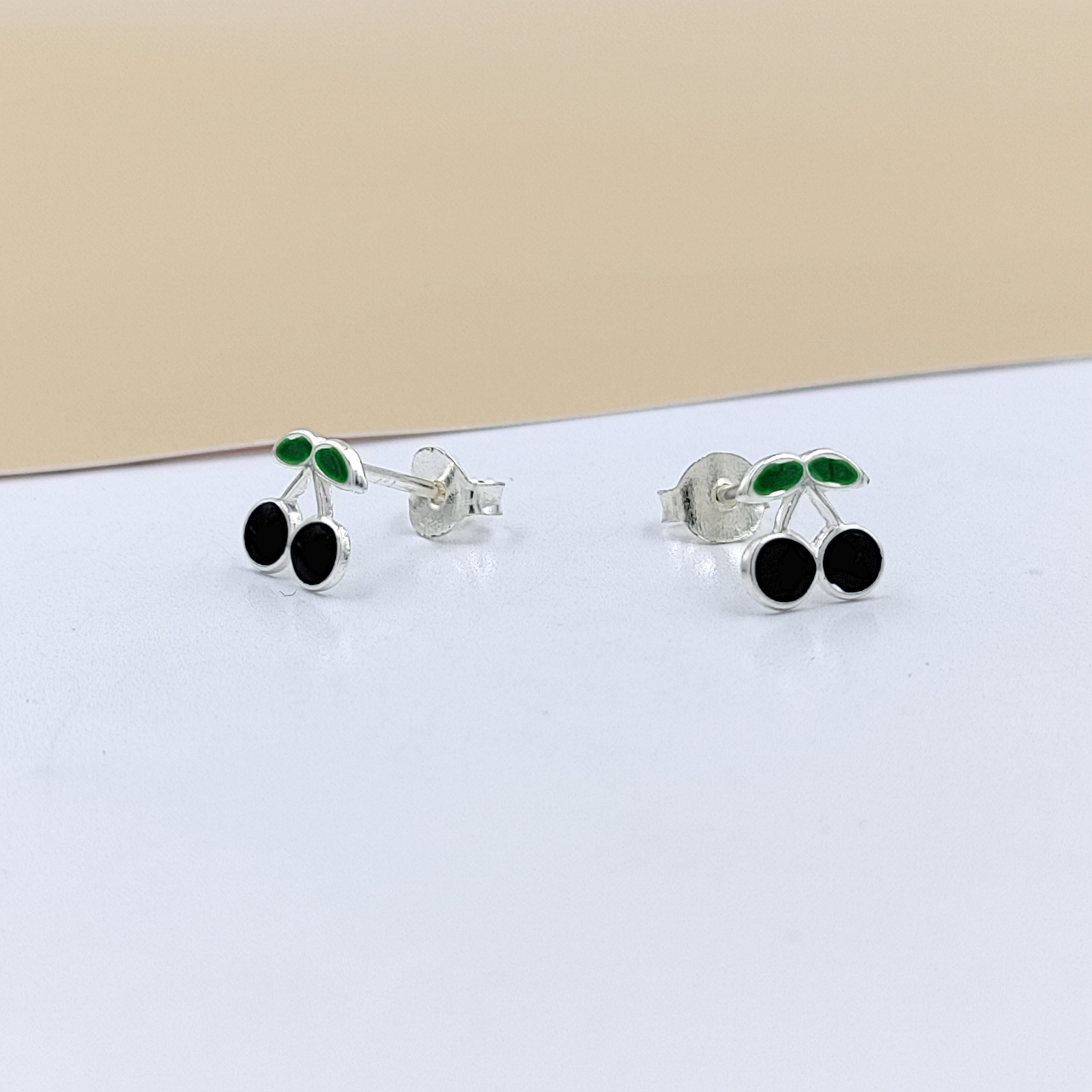 925 Sterling Silver Cute Cherry Ear Studs Tiny Earrings Fruit Enamel Ear Studs Earrings Handmade Gift For Women