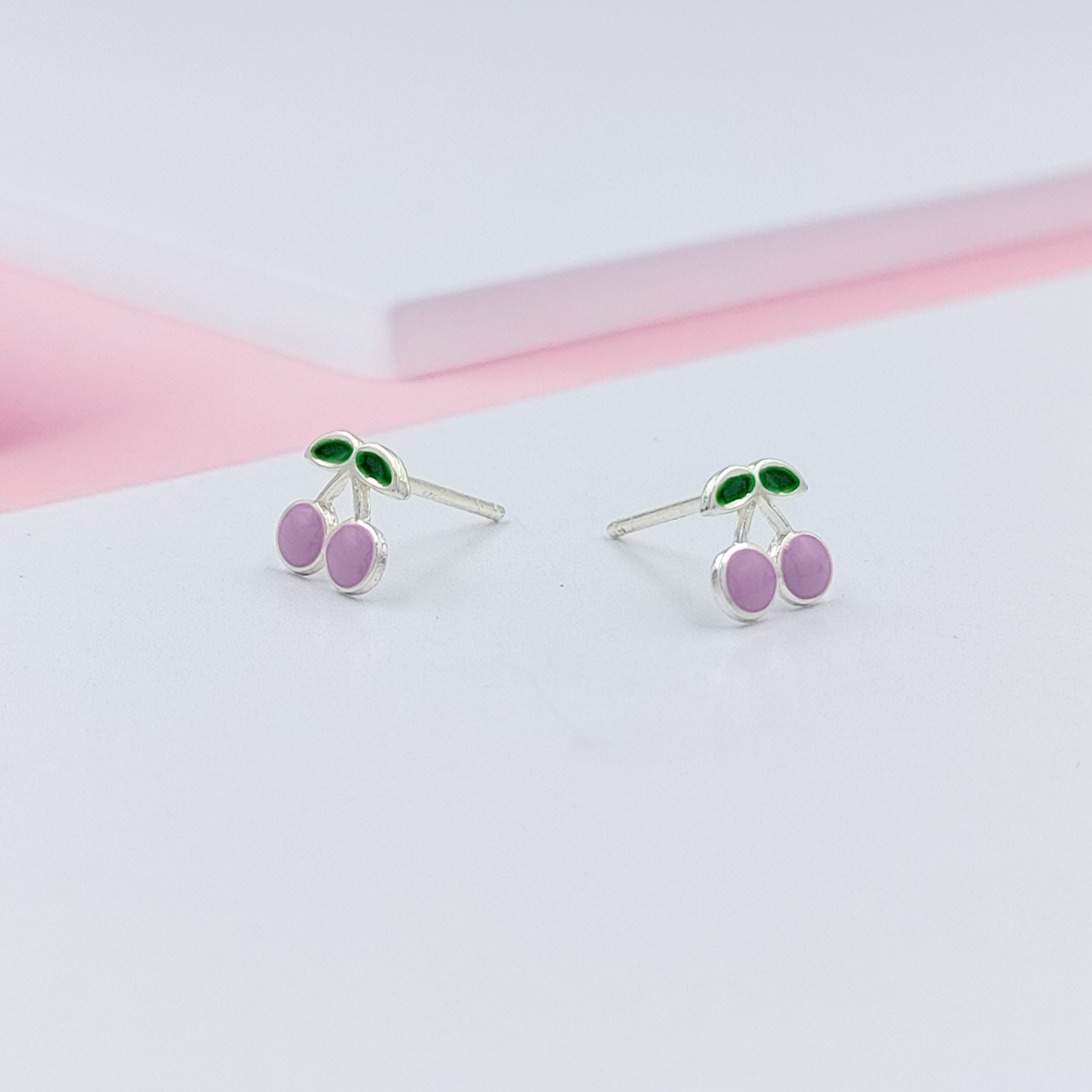 925 Sterling Silver Cute Cherry Ear Studs Tiny Earrings Fruit Enamel Ear Studs