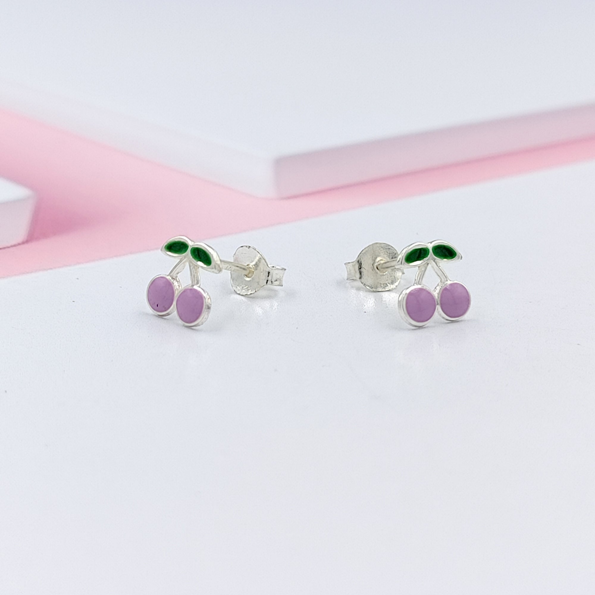 925 Sterling Silver Cute Cherry Ear Studs Tiny Earrings Fruit Enamel Ear Studs Earrings Handmade Gift For Women