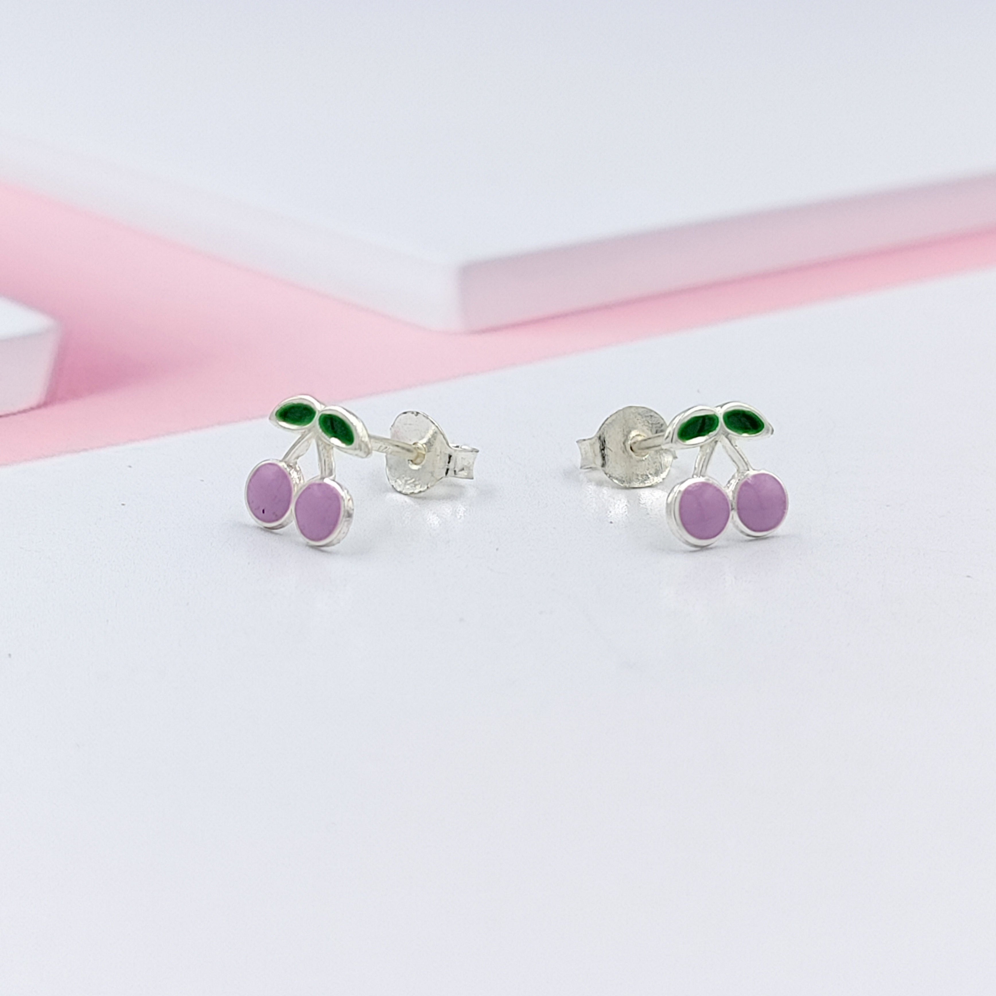 925 Sterling Silver Cute Cherry Ear Studs Tiny Earrings Fruit Enamel Ear Studs